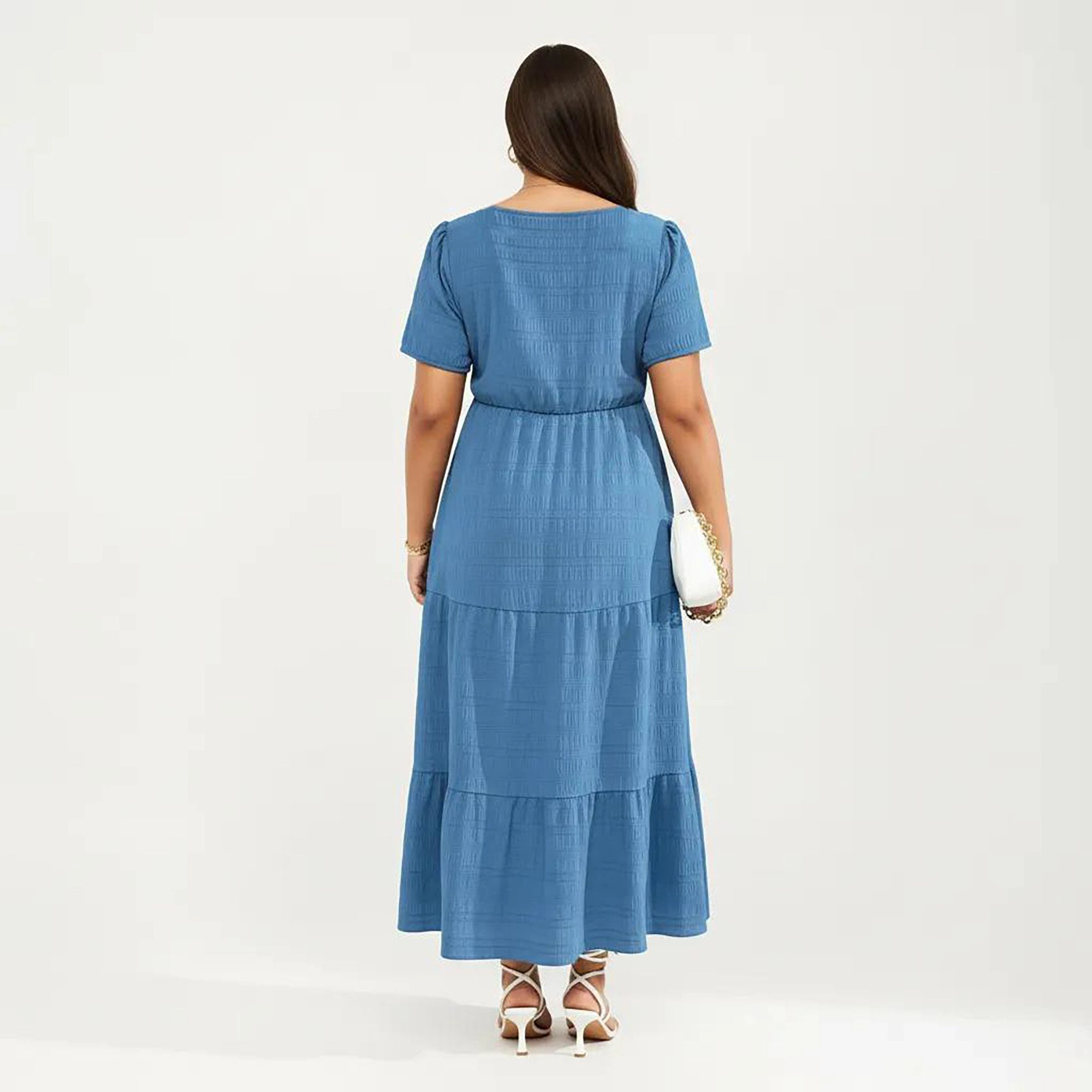 Anna-Kaci Women's Plus Square Neck Tiered Skirt Textured Fabric Flowy A Line Silhouette Maxi Dress