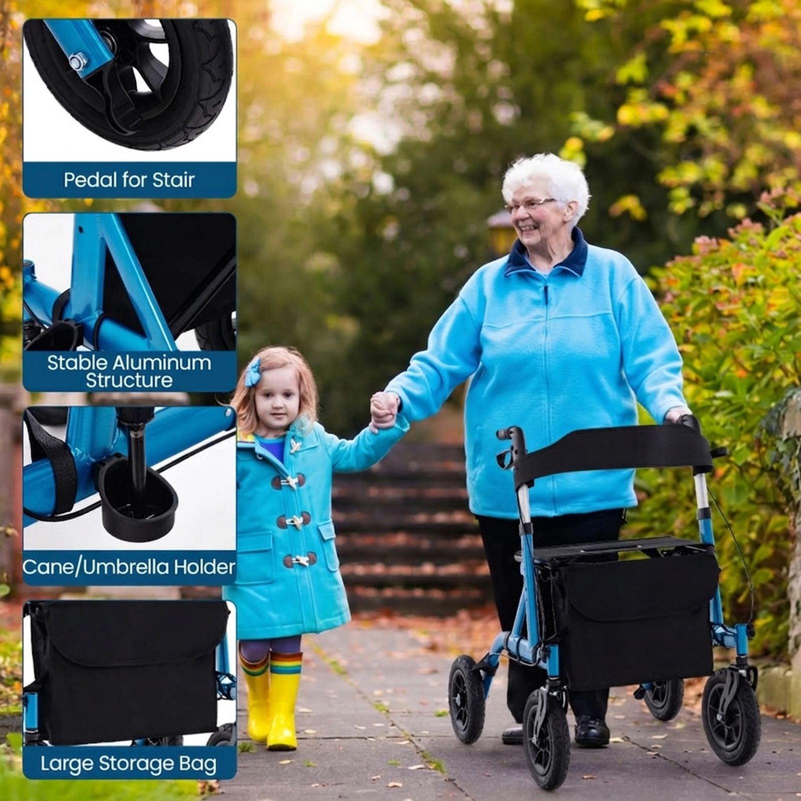 SUGIFT 350-lb Capacity Height Adjustable Folding Rollator Walker with Seat Umbrella Holder and Storage Bag