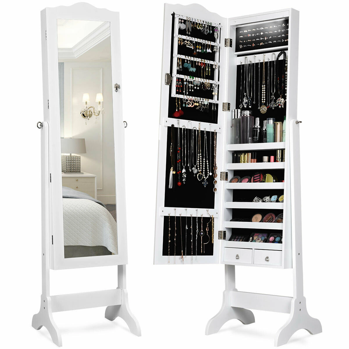 Glintex 14-LED Jewelry Armoire with 29 Hooks 48 Ring Slots and 4 Tilt Angles, White