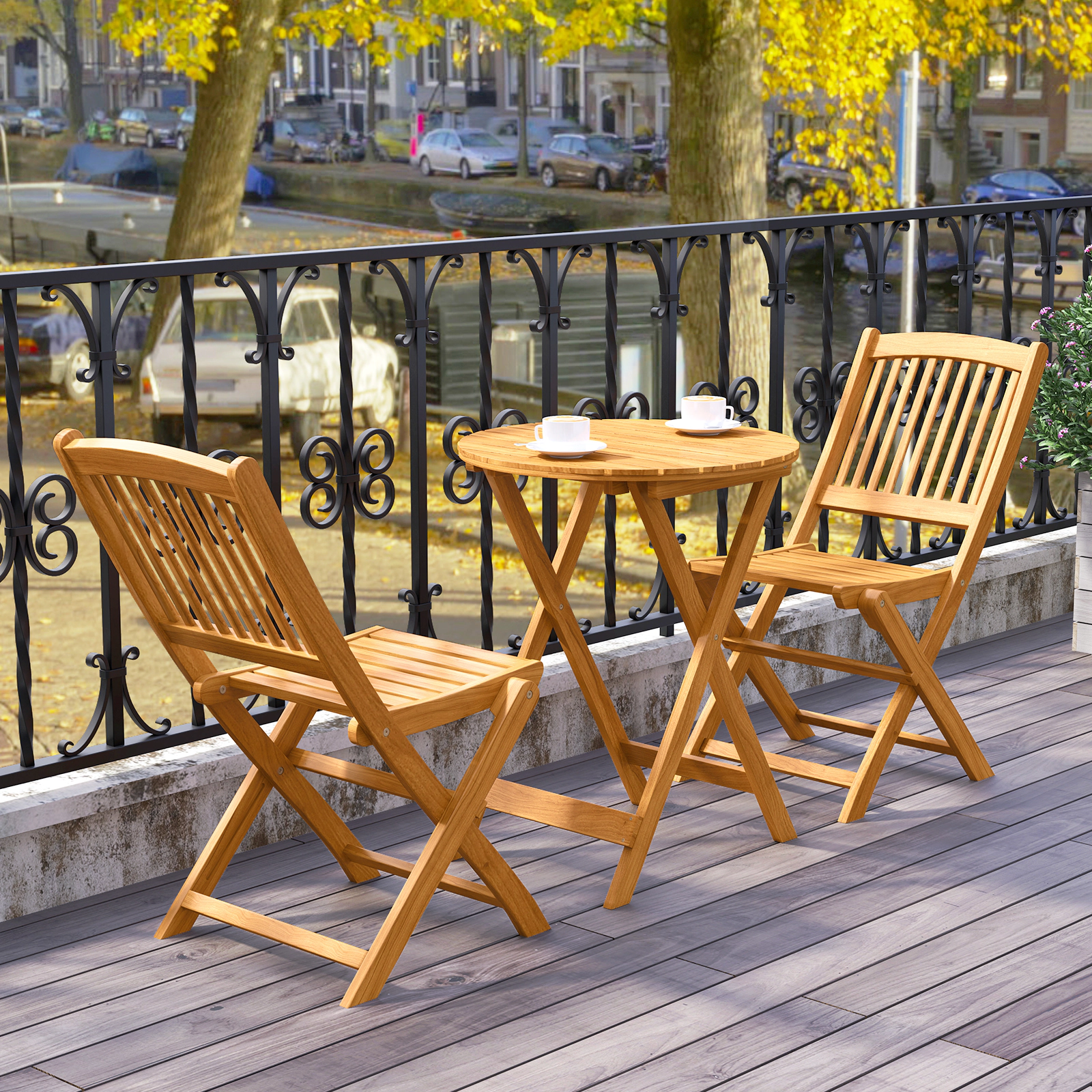 LJG 3 Pieces Acacia Wood Patio Folding Bistro Set with Soft Cushions