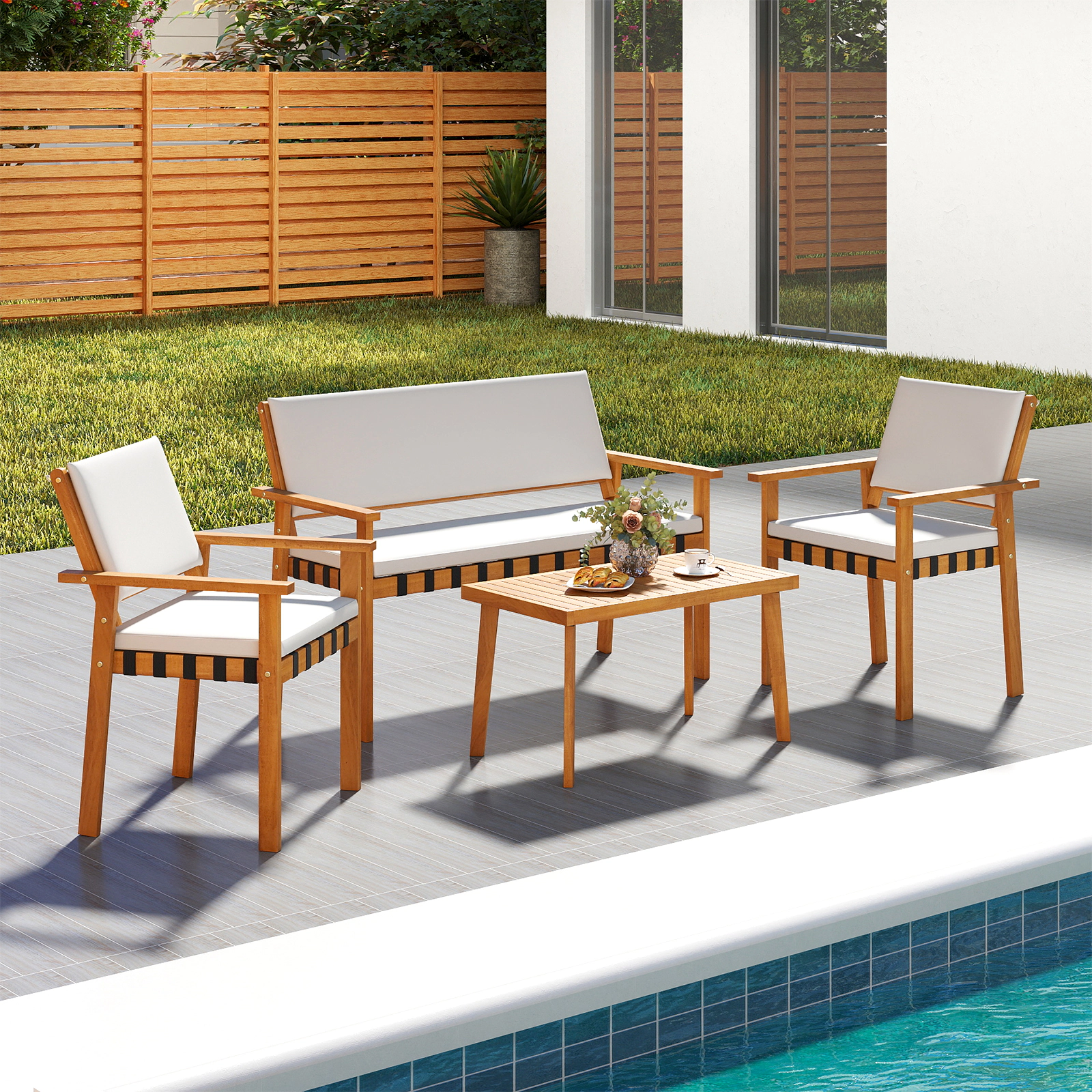 SUGIFT 4-Piece White Acacia Wood Patio Set with Loveseat, Armchairs and Coffee Table