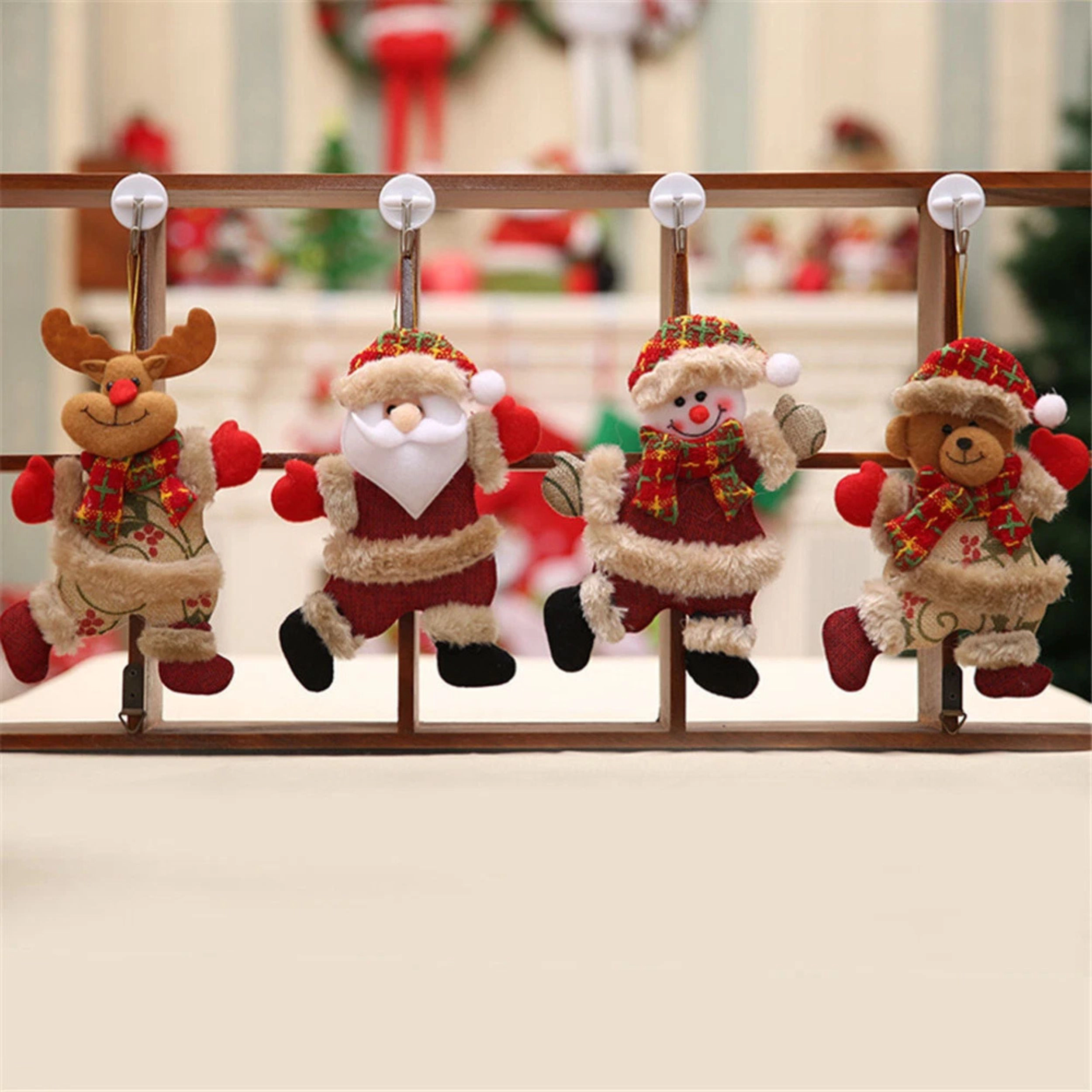 Home Collection Pack of 4 Christmas Hanging Ornament Dolls Santa Snowman Tree
