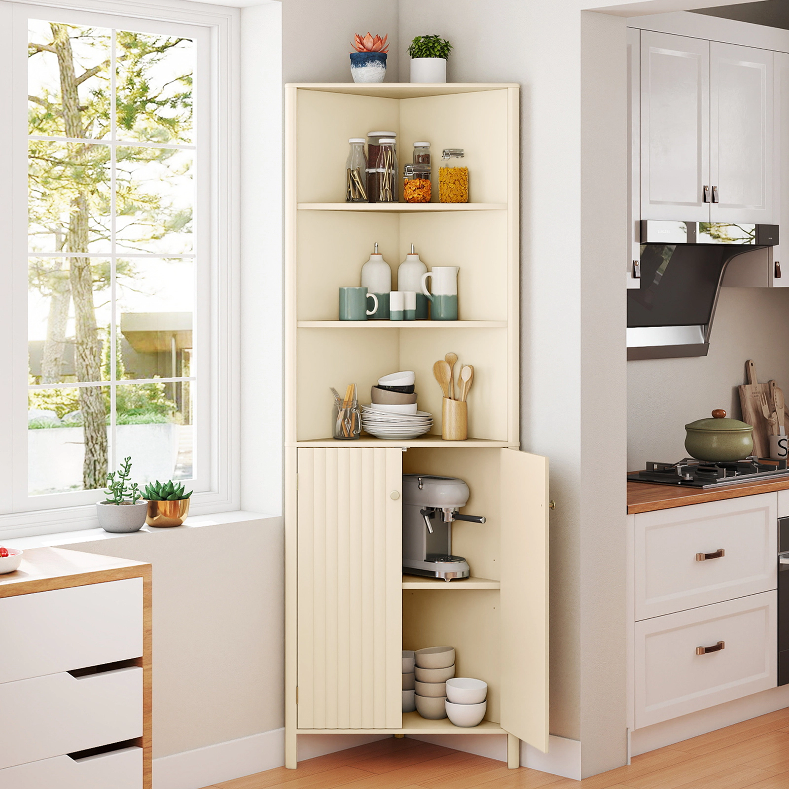 Slickblue Corner Bathroom Storage Cabinet Beige MDF Tall Floor Cabinet Adjustable Shelf