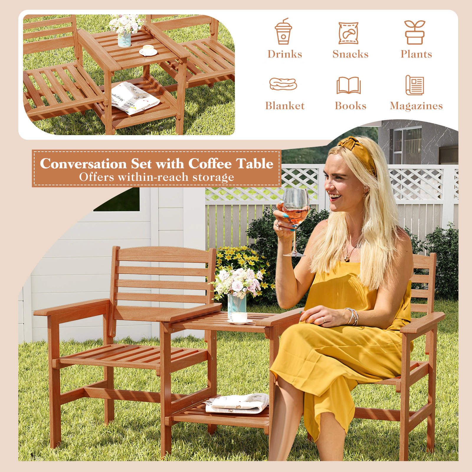SUGIFT Natural Wood 2-Seat Patio Conversation Set with Umbrella Hole 62.5-in W 24-in D 265-lb Chair Capacity