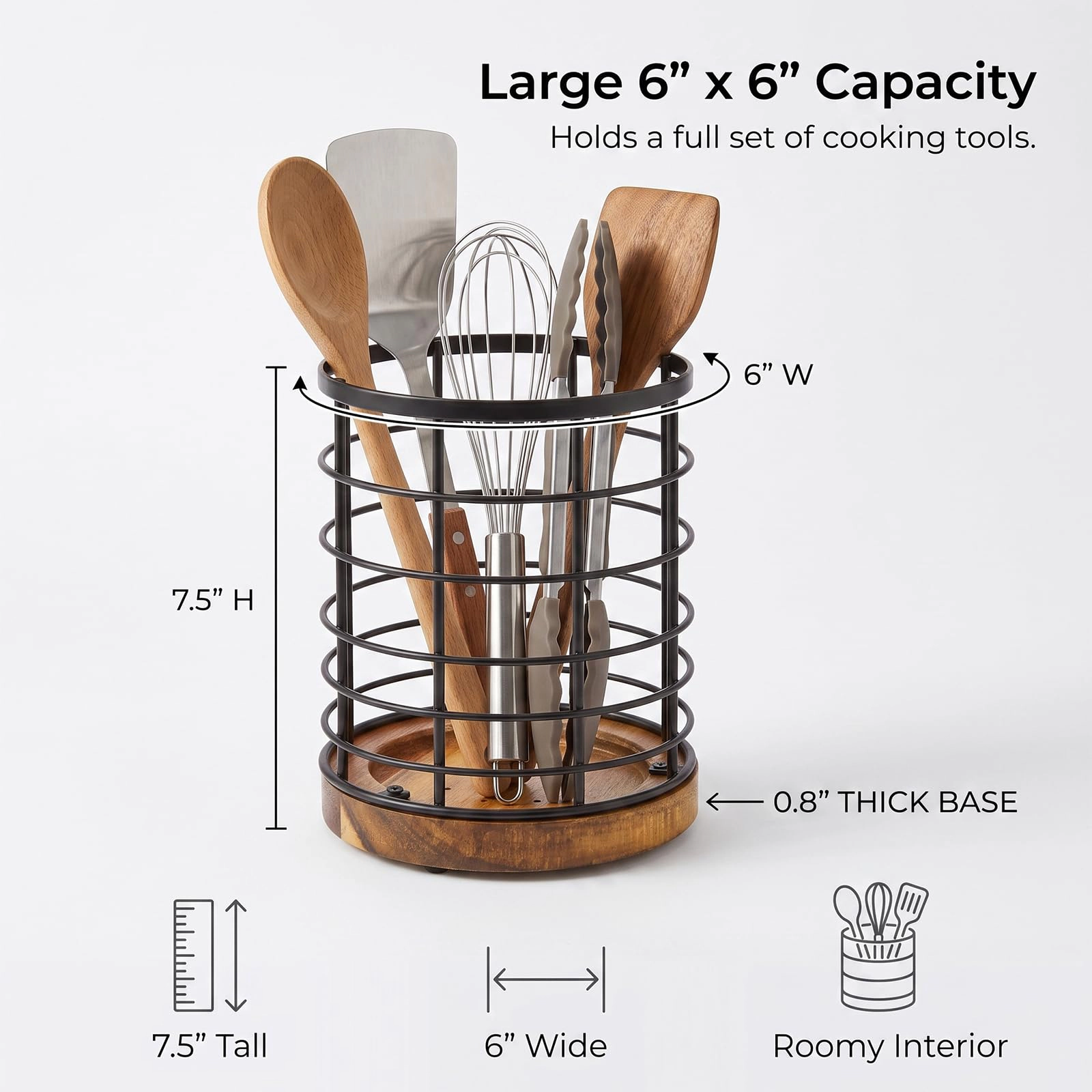 WZK Wooden Base Wire Cooking Kitchen Utensil Holder