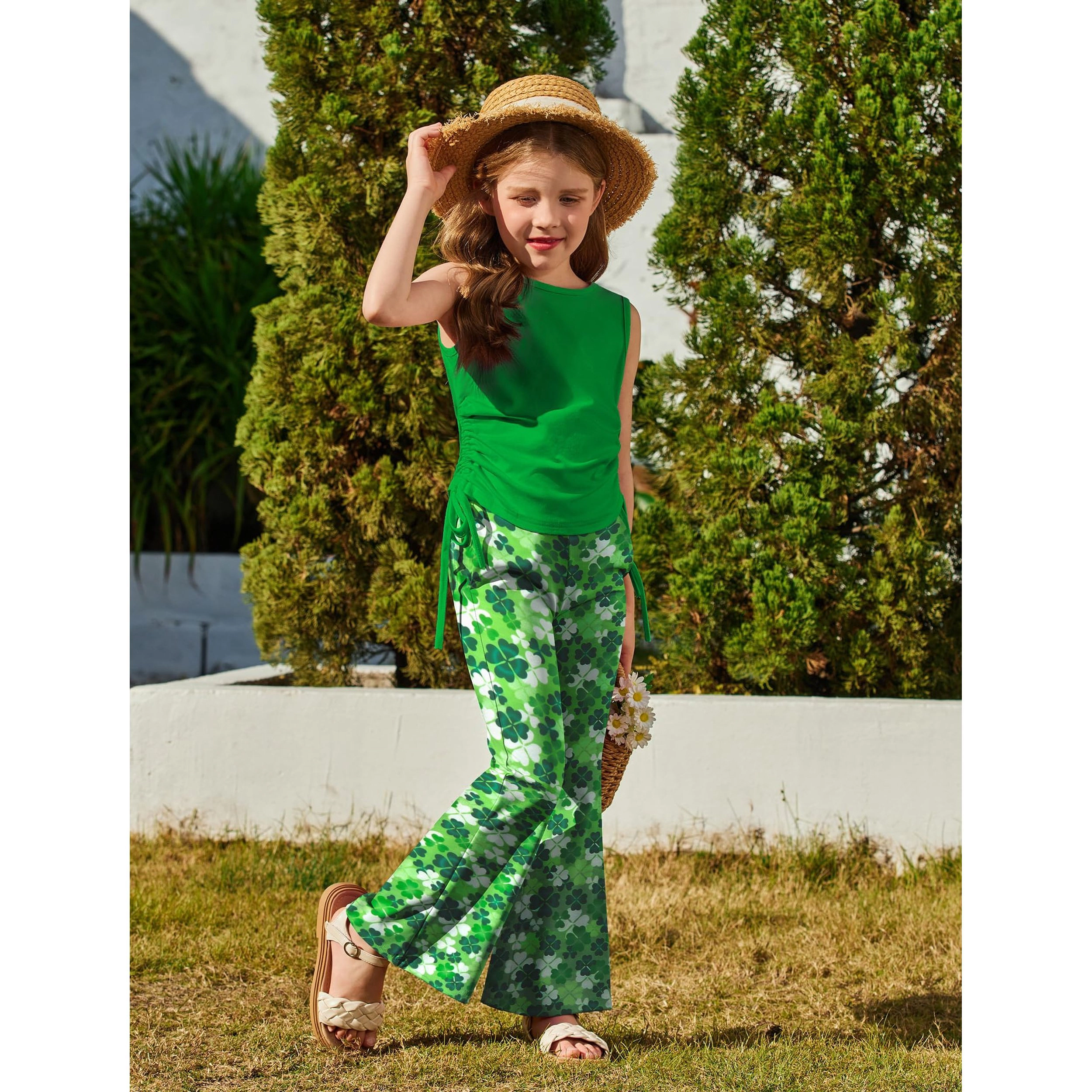 Arshiner Toddler Girls Clothes Piece Outfits Side Drawstrings Tank Tops And Bell Bottom Pants
