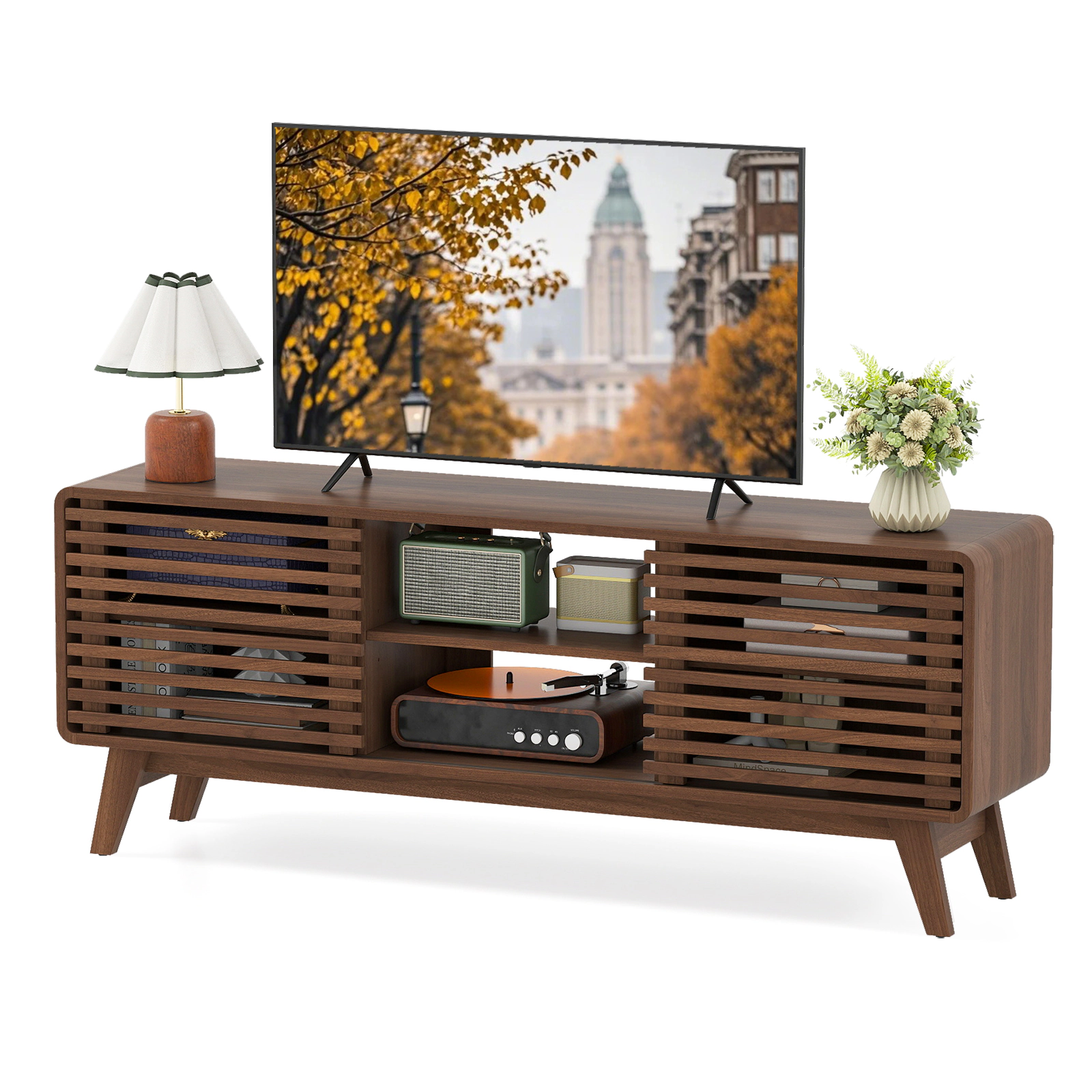 SUGIFT Walnut TV Stand for TVs up to 65 in, 220 lb Top Capacity, Sliding Door Cabinets