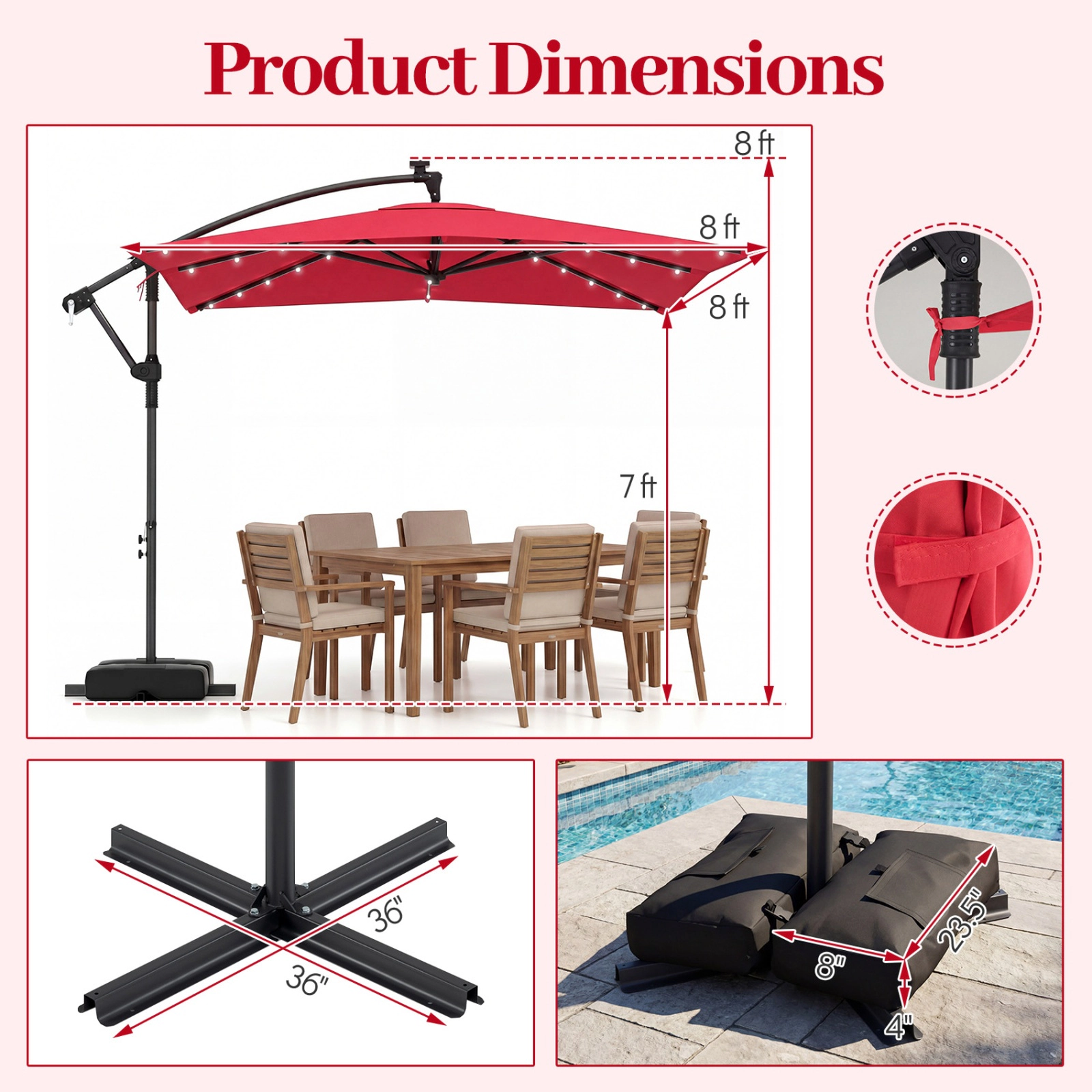 SUGIFT 8-ft Red Square Solar LED Offset Patio Umbrella with 360-Degree Rotation and Crank Lift for Deck