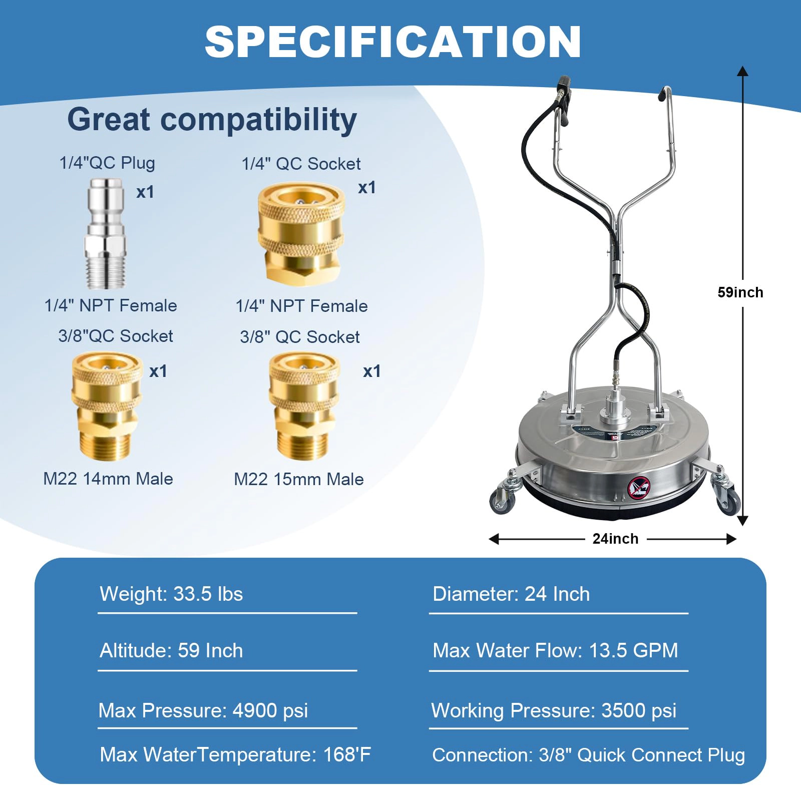24-in up to 4900-PSI Stainless Steel Walk-Behind Pressure Washer Surface Cleaner with 4 Wheels and 1/4-in Adapter