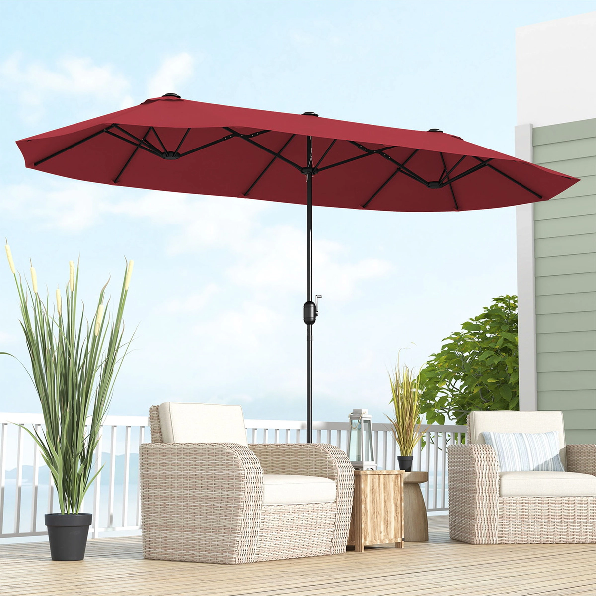 SUGIFT 13-ft Double-Sided Patio Twin Table Umbrella with Crank Handle and Fillable Cross Base 25.5 x 25.5 in Stand Wine