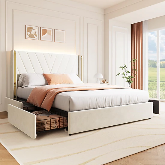 BebreezChic Full Velvet Upholstered Bed Frame with LED Lights, 4 Drawers, Wingback Headboard and Charging Station