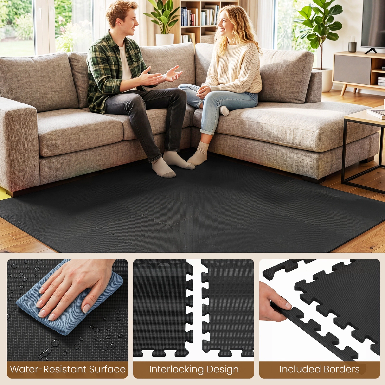 SUGIFT Black 18 Pack Interlocking EVA Foam Exercise Floor Tiles with Borders 12.5-in W 12.5-in D 0.4-in H