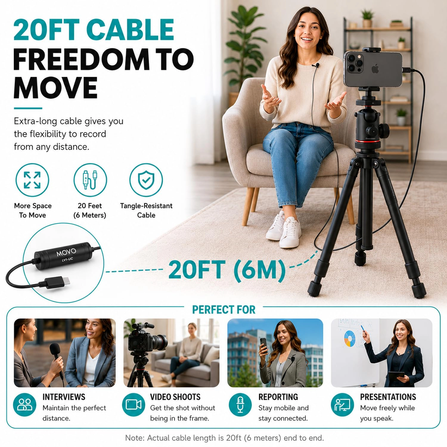 Movo LV1-UC USB-C Lavalier Microphone for iPhone 15, 16 and 17 – Clip-On