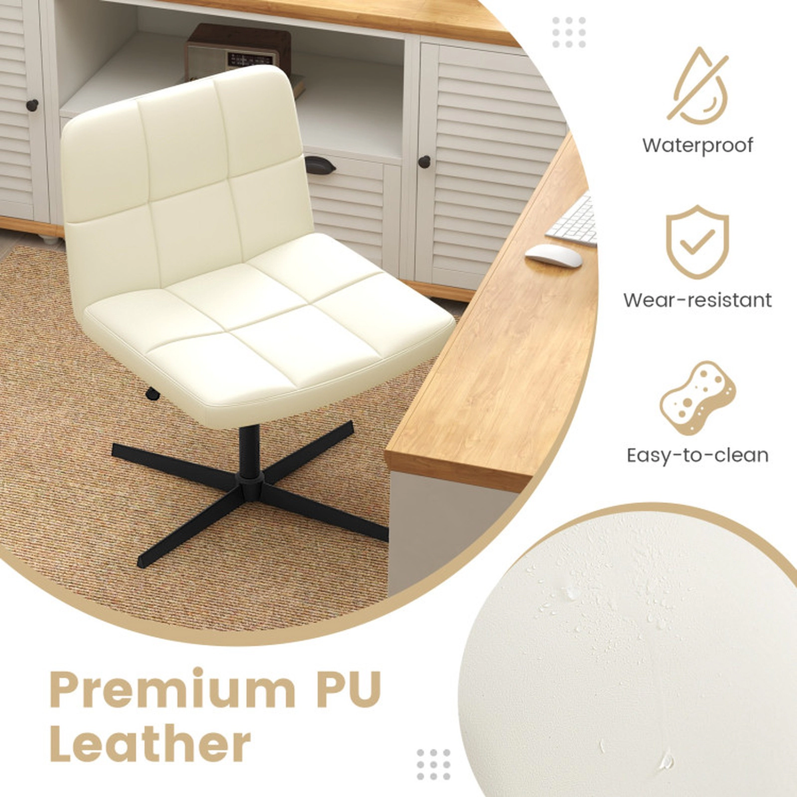 SUGIFT 25-in Wide U-Shaped Seat PU Leather Upholstered Cross Legged Office Chair 27.5-in x 27.5-in 330-lb Beige