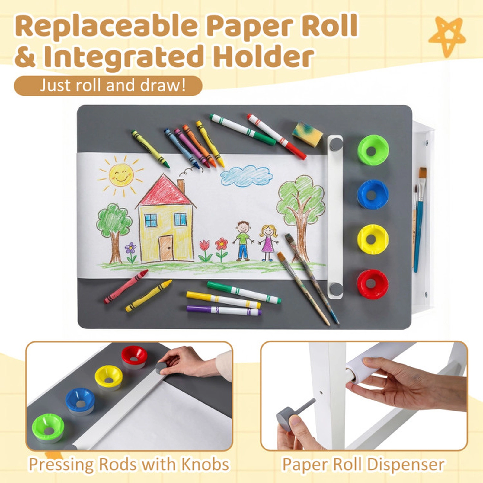 SUGIFT Gray Paper Roll 4 Paint Cups and Fabric Bins Kids Art Table and Stool Set