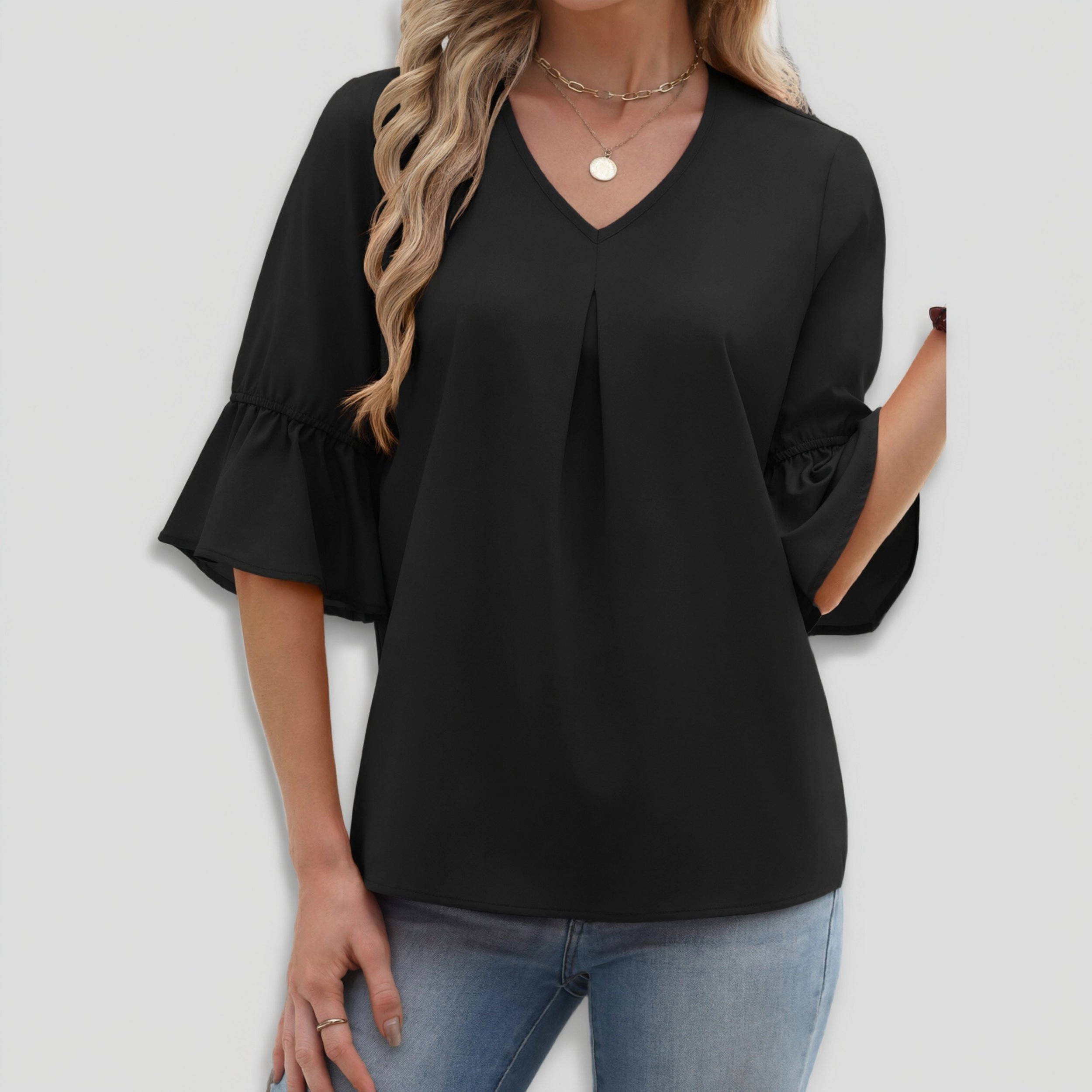 Zeagoo Women's V Neck Front Split Flared Bell Three Quarter Sleeve T-shirt
