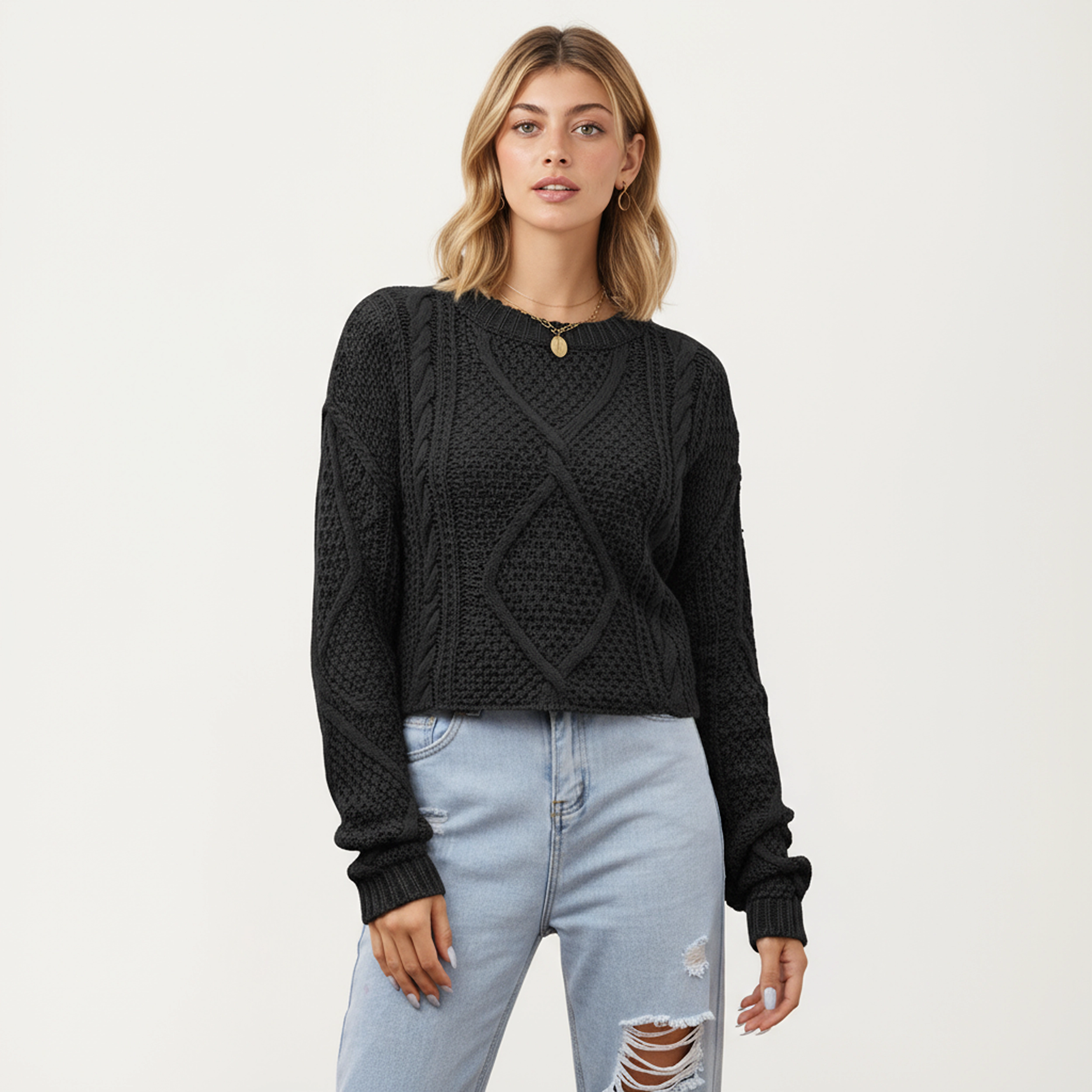 Anna-Kaci Women's Long Sleeve Cable Knit Pullover Sweater with Textured Pattern