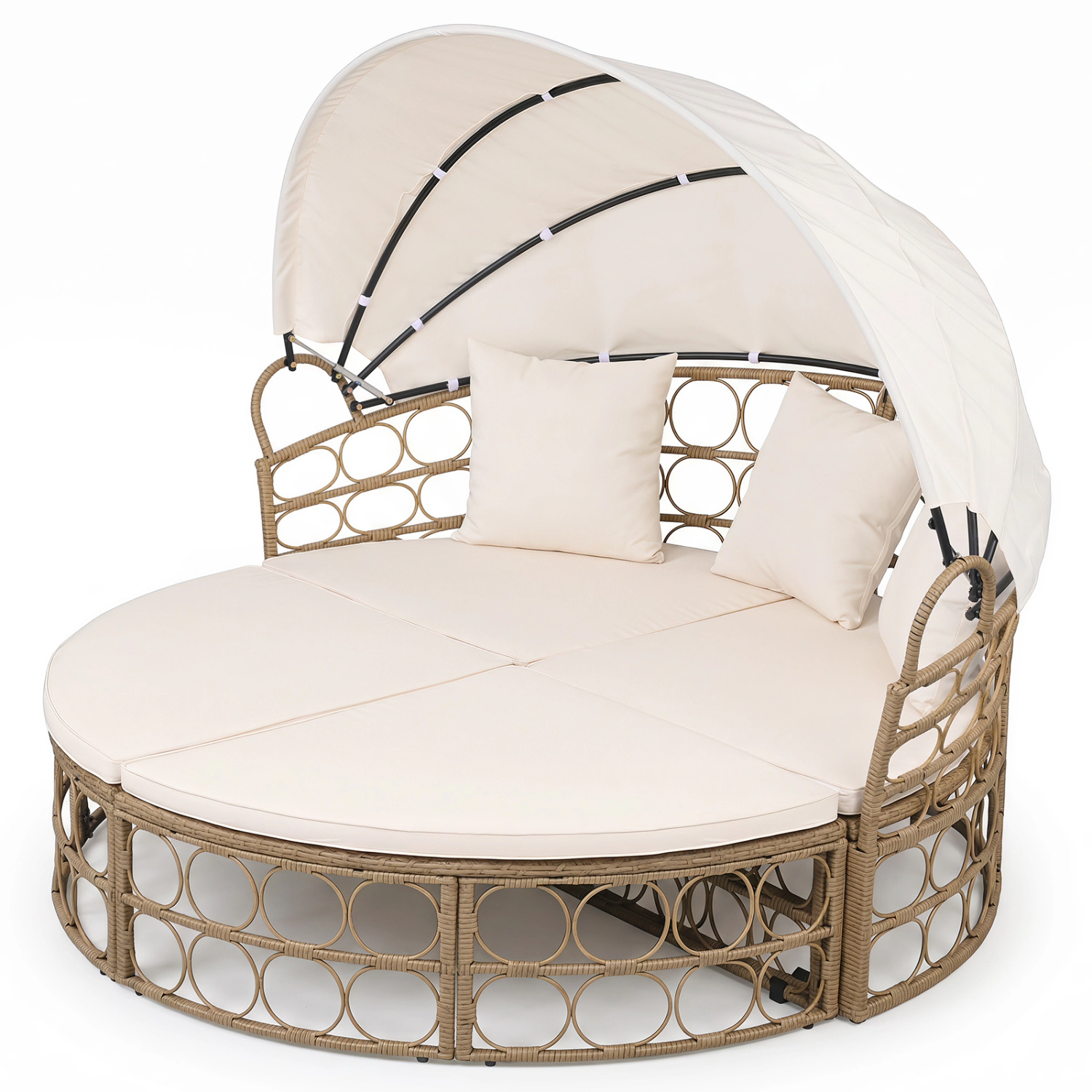 LJG Outdoor Patio Daybed with Retractable Canopy and Cushions Yellow Wicker Rattan Furniture Set