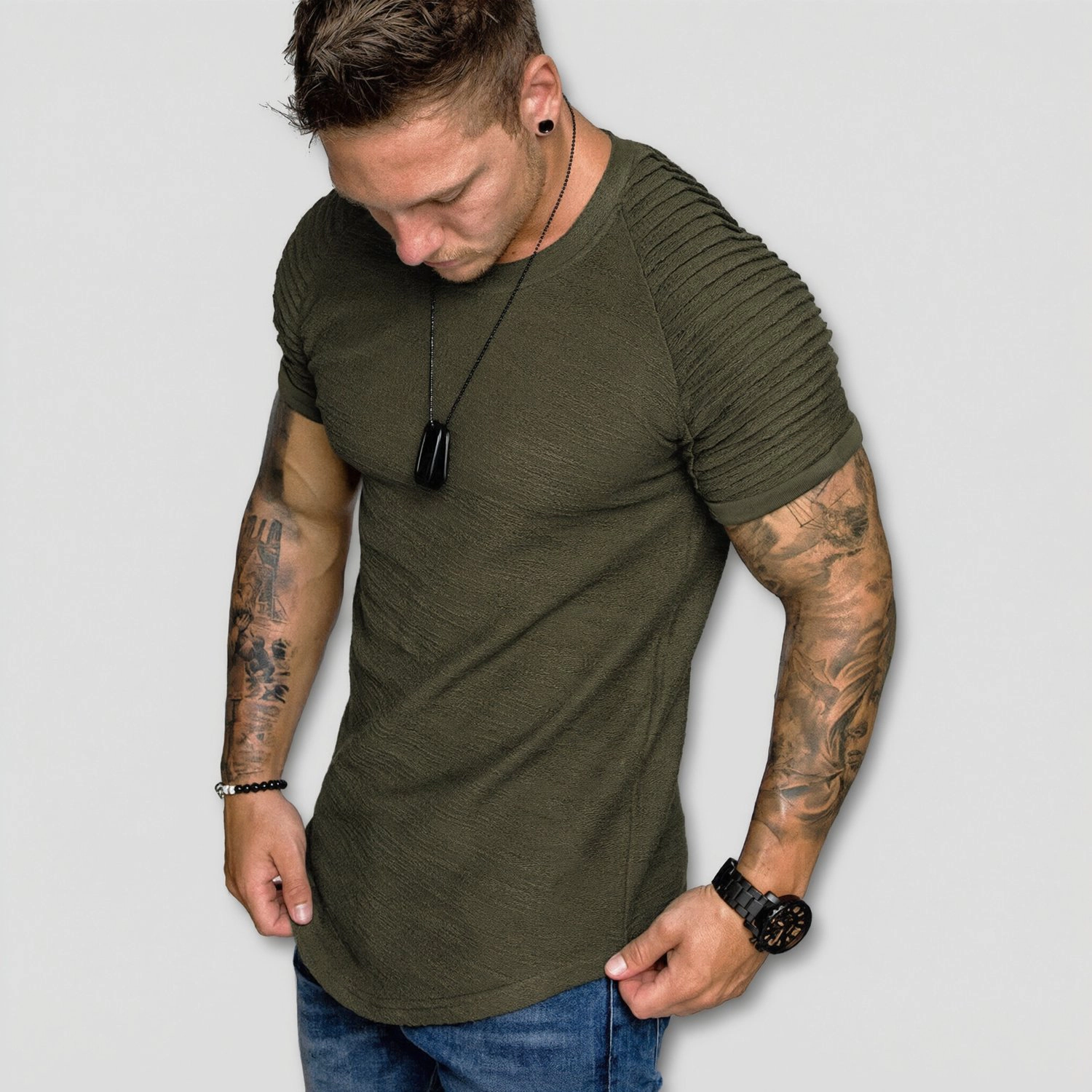 COOFANDY Mens Short Sleeve Crew Neck Tee Ribbed Pleated Sleeves Curved Hem Slim Tops