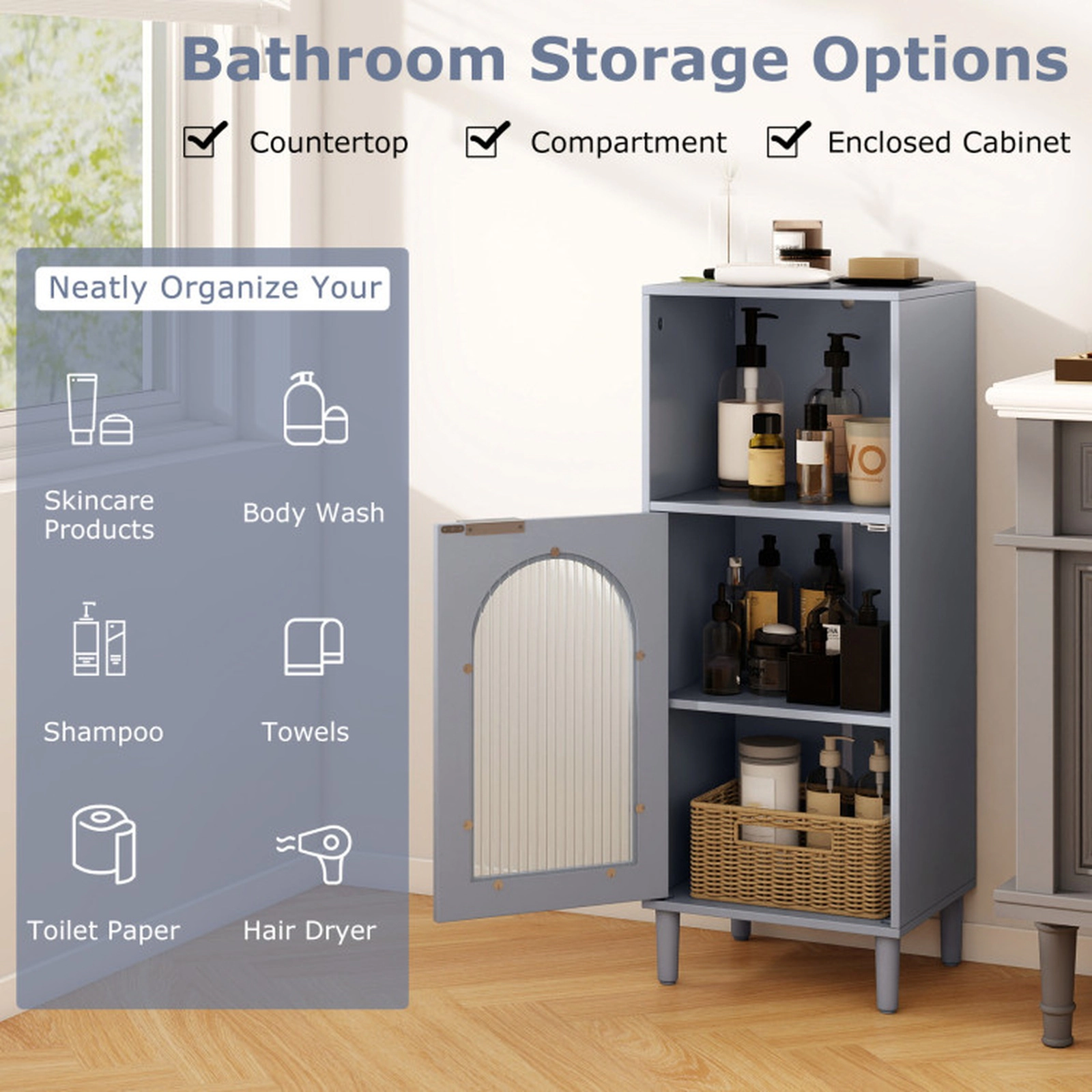 SUGIFT Tempered Glass Door Solid Wood Legs Side Bathroom Floor Storage Cabinet 14-in x 12-in x 35.5-in 110-lb Top Gray