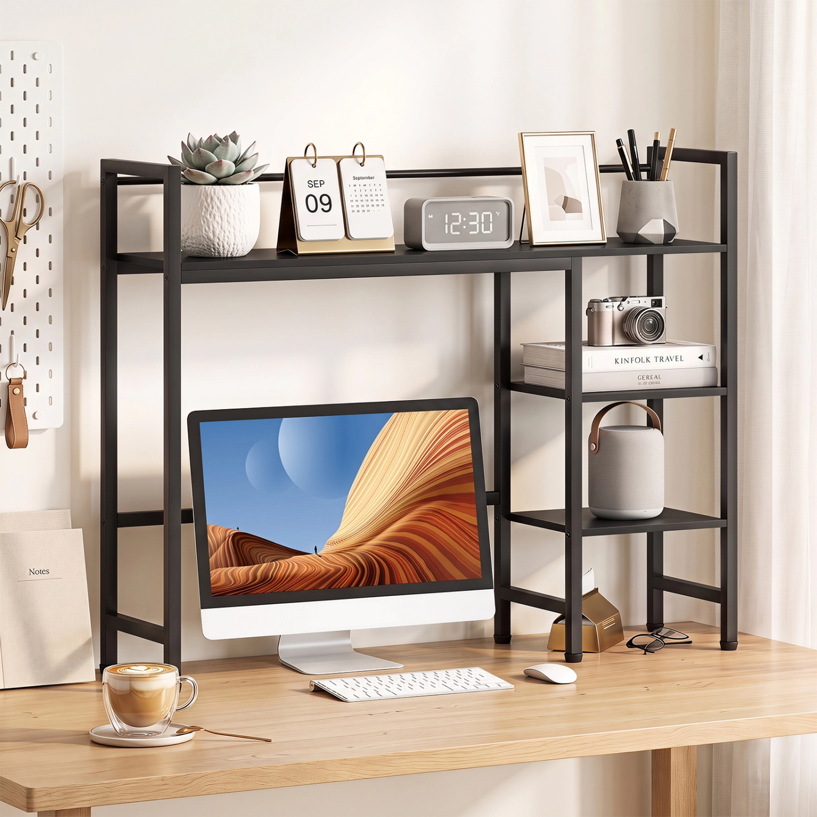 SUGIFT Black 38.5 in Desktop Bookshelf with Metal Frame and Monitor Space