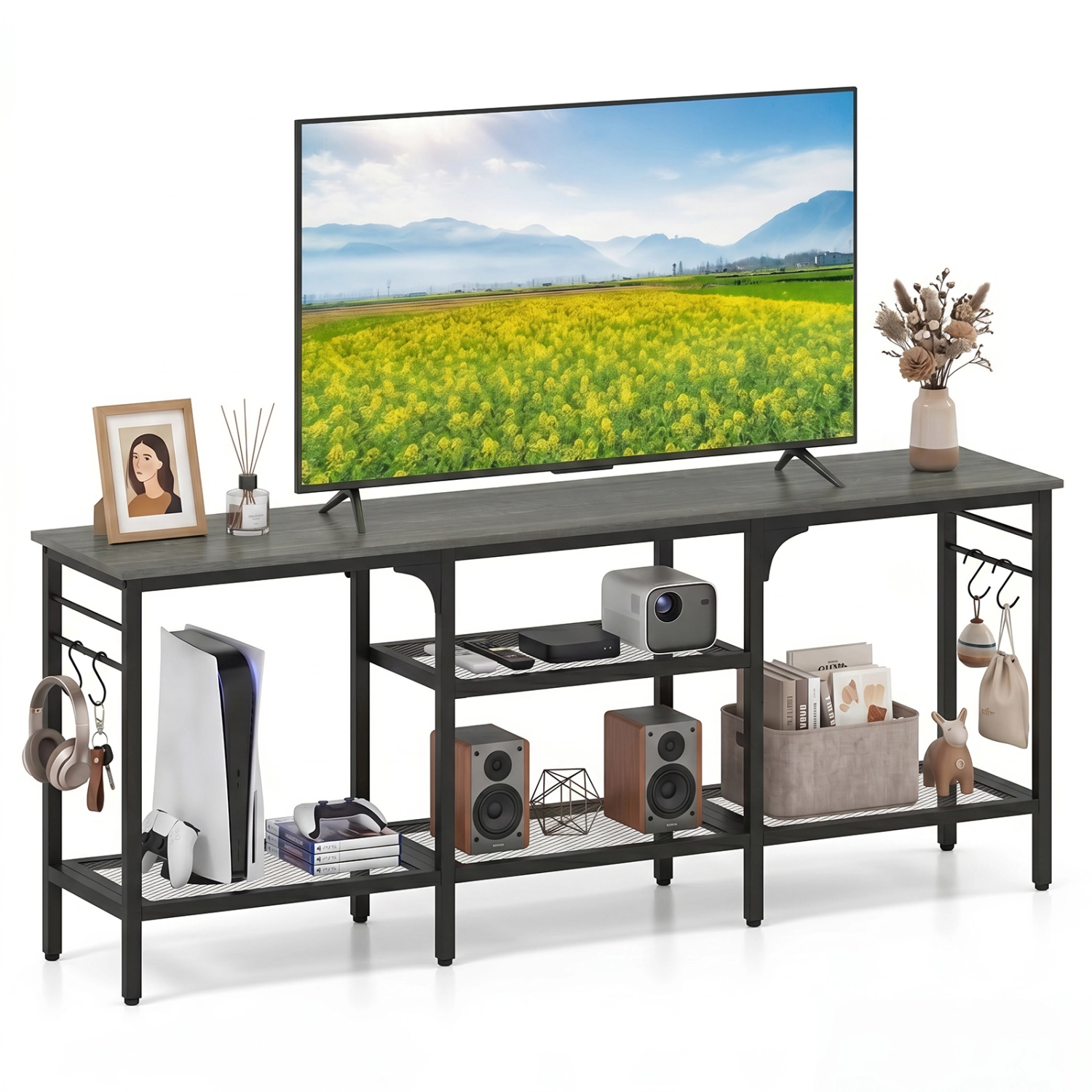 Glintex 55-Inch TV Stand with 3-Tier Open Shelves and 4 Hooks