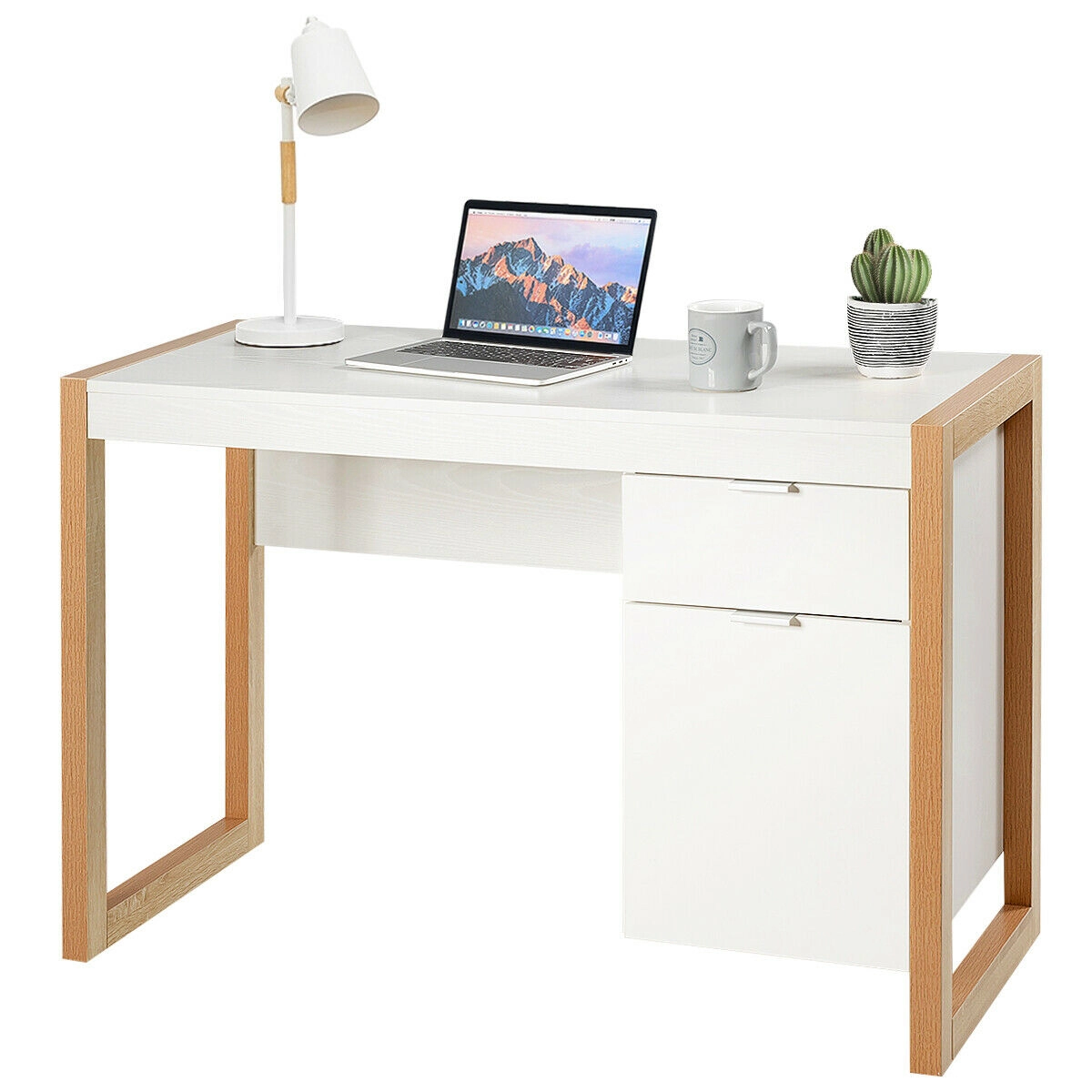 SUGIFT White Cabinet and Drawer 44 Inch Modern Computer Desk Writing Workstation