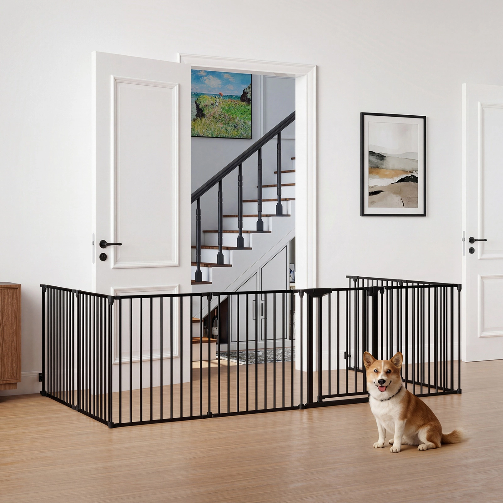 SUGIFT 8-Panel Extra Wide Pet Safety Gate Black with Auto-Close Lockable Door