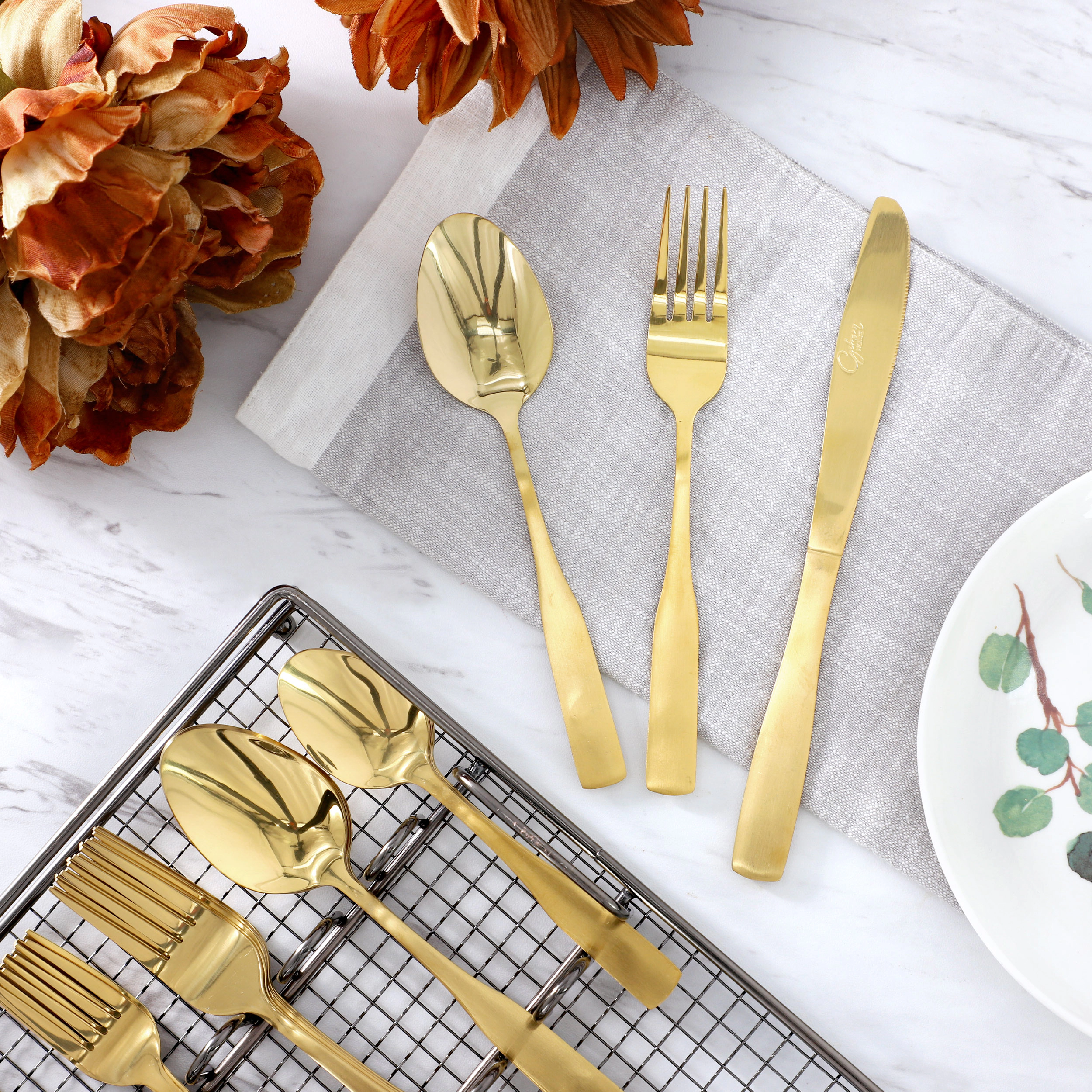 Gibson Home Abbeville 41 Piece Stainless Steel Flatware Set in Gold with Wire Caddy