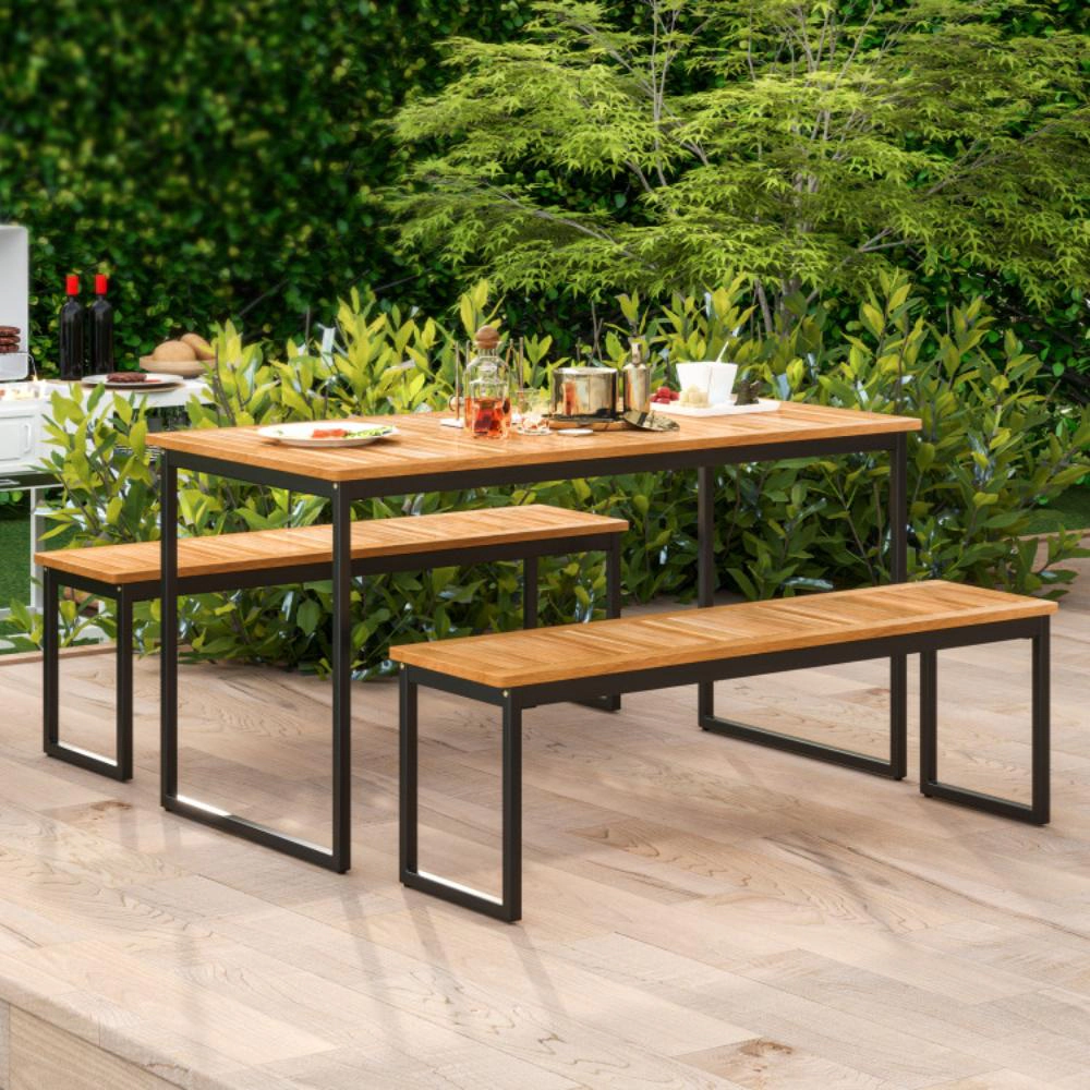 Hivvago Patio Dining Bench Backless With Slatted Seat And Metal Legs