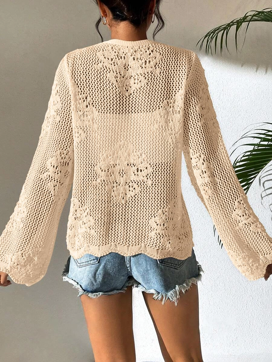 KOJOOIN Open Knit Cardigan for Women Tie Front V Neck Long Sleeve Drop Shoulder Casual Cover Up