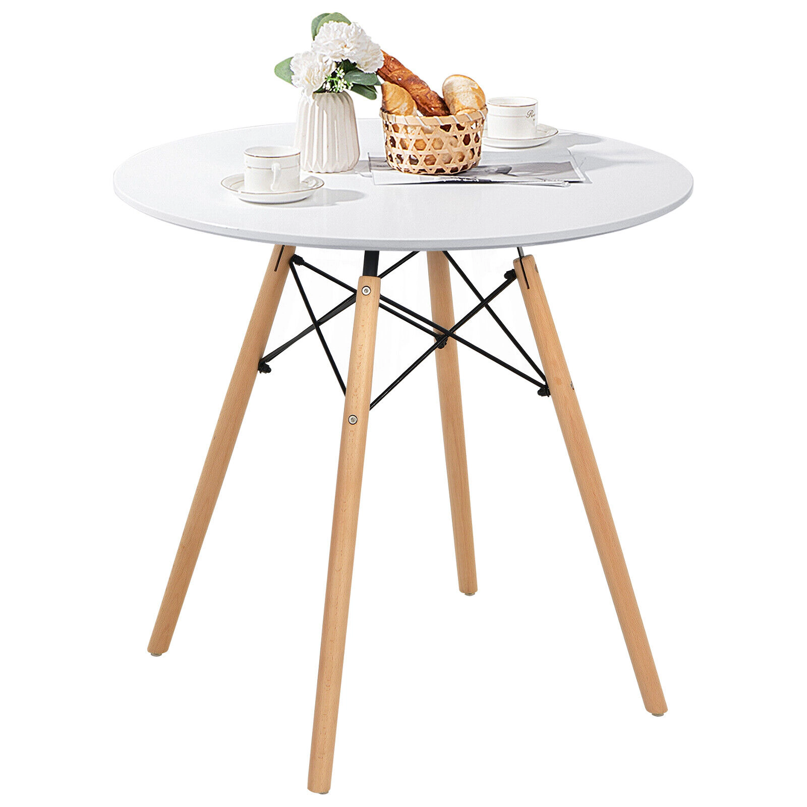 LJG Round Modern Dining Table with Solid Wooden Leg