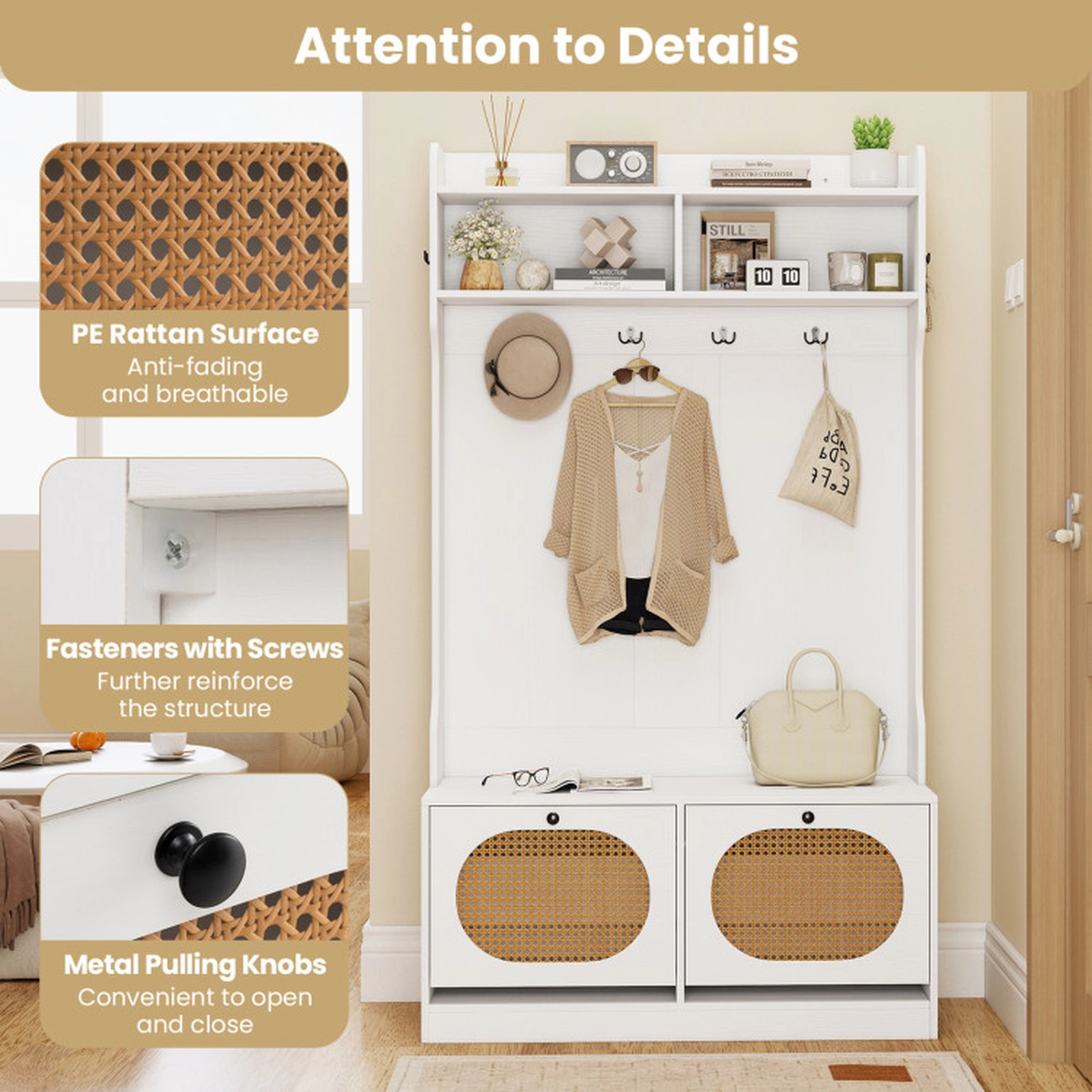 SUGIFT 40-in Wide 4-in-1 Hall Tree with Flip-Down Rattan Shoe Drawers Coat Rack and 220-lb Bench