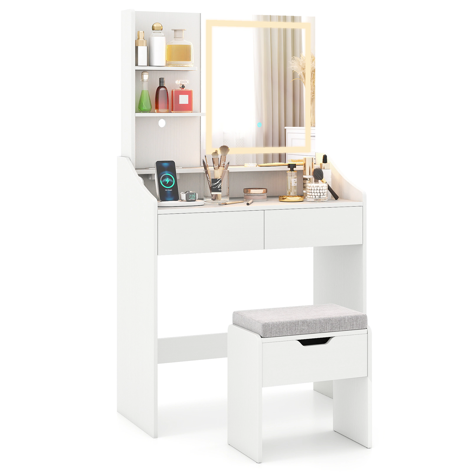 SUGIFT White LED Lighted Mirror 3 Color Modes Charging Station and Storage Stool Vanity Desk