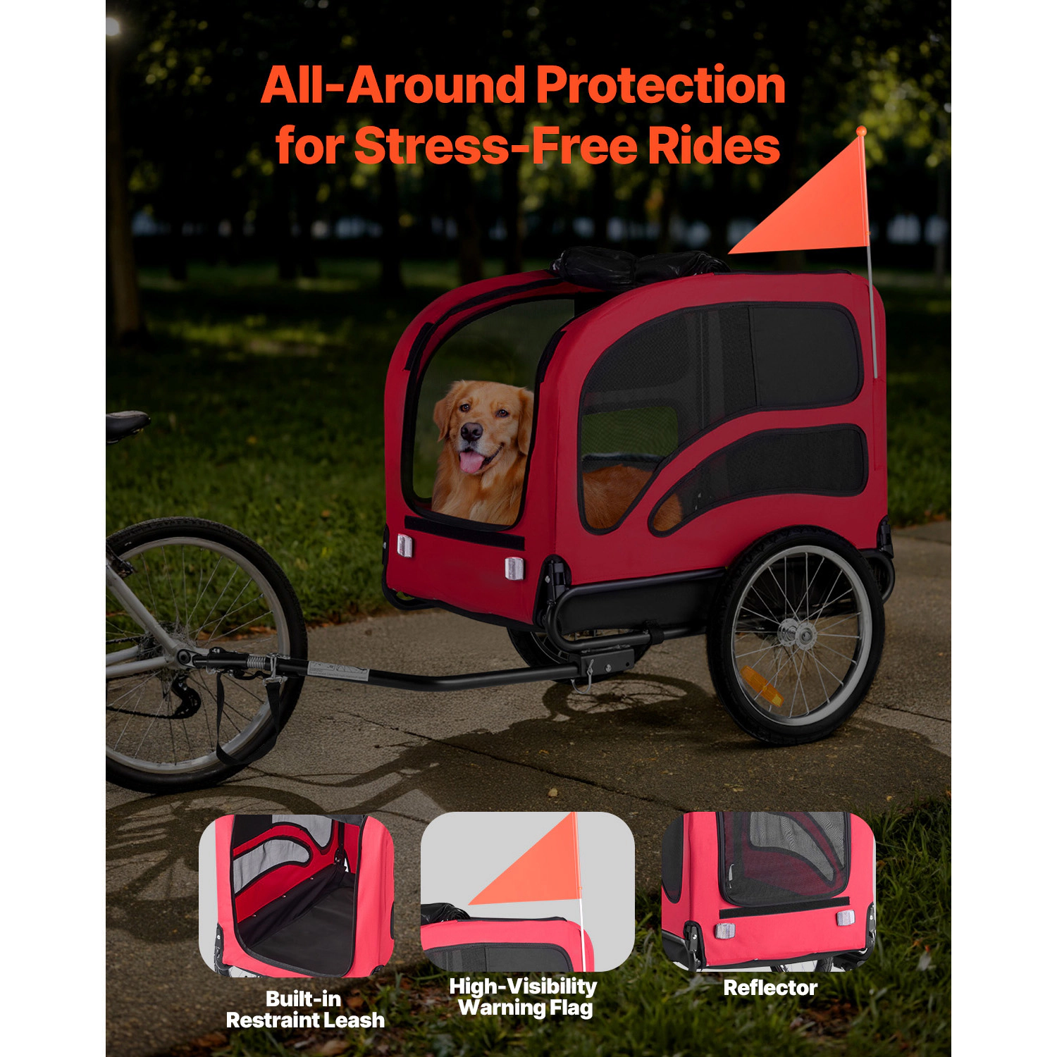 HONGGE Dog Bike Trailer for Medium to Large Dogs, 100 lb Capacity, Built-In Leash, Foldable Frame