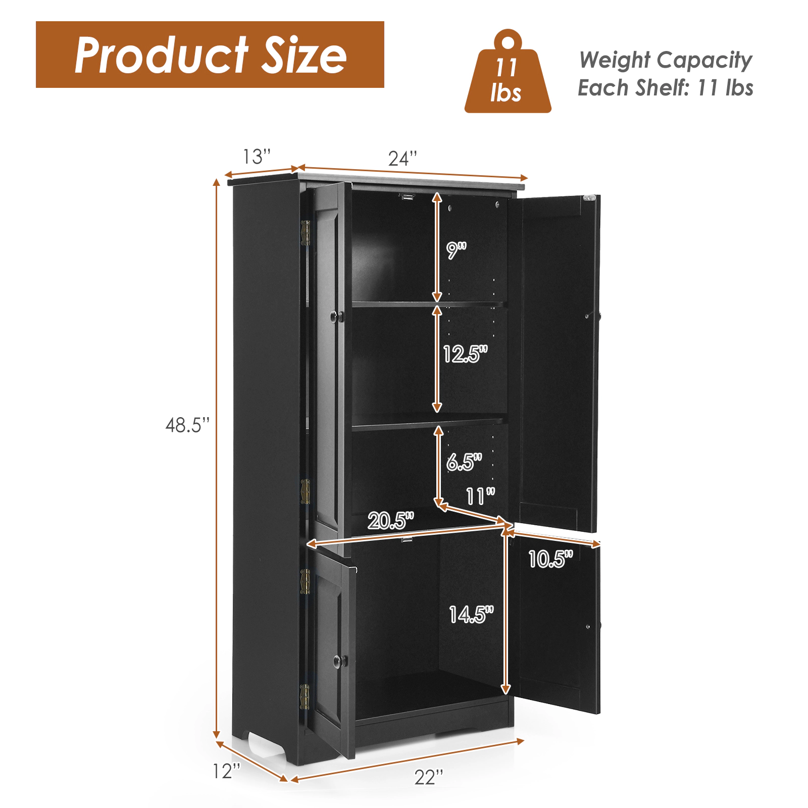 SUGIFT 49-in Tall 24-in Wide Black Antique Accent Storage Cabinet with 2 Doors and 5-Height Adjustable Shelves