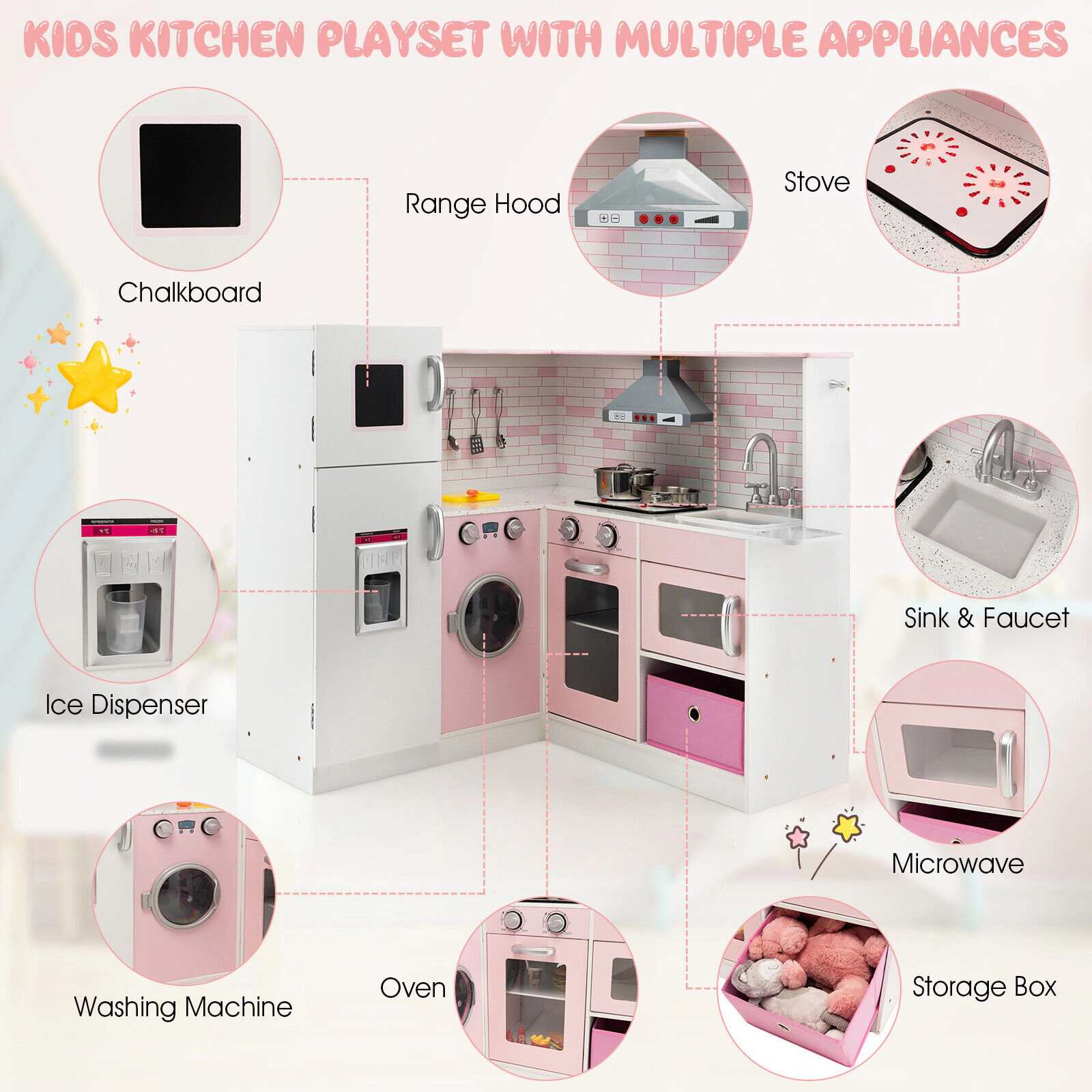 SUGIFT White and Pink Sound Light and Cookware Corner Kids Wooden Play Kitchen Set