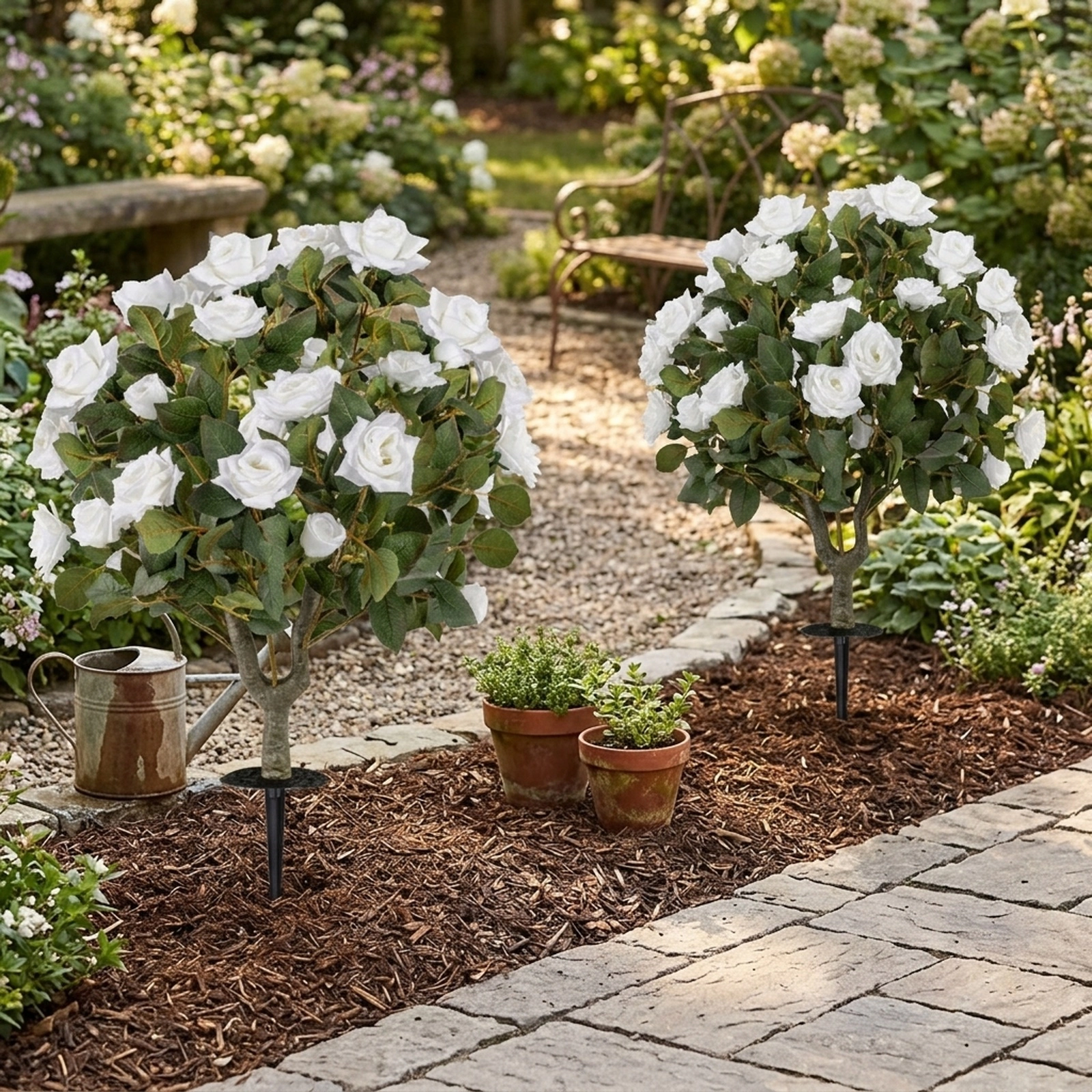 SUGIFT Artificial Rose Flower Trees with Spikes and 18 White Flowers White and Green