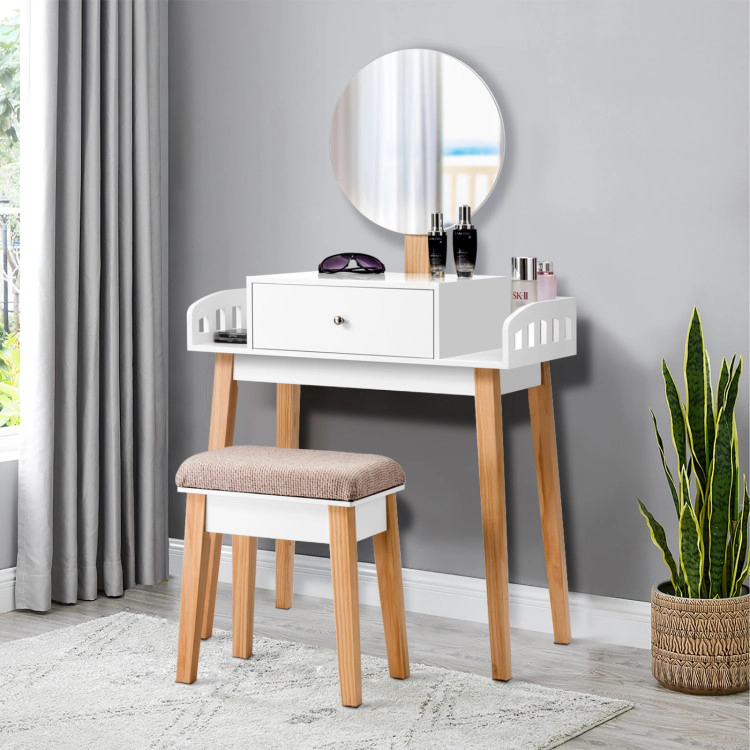 Hivvago Wooden Makeup Dressing Mirror Table Set With Drawer