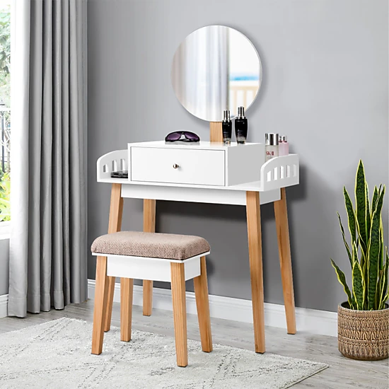 Hivvago Wooden Makeup Dressing Mirror Table Set With Drawer
