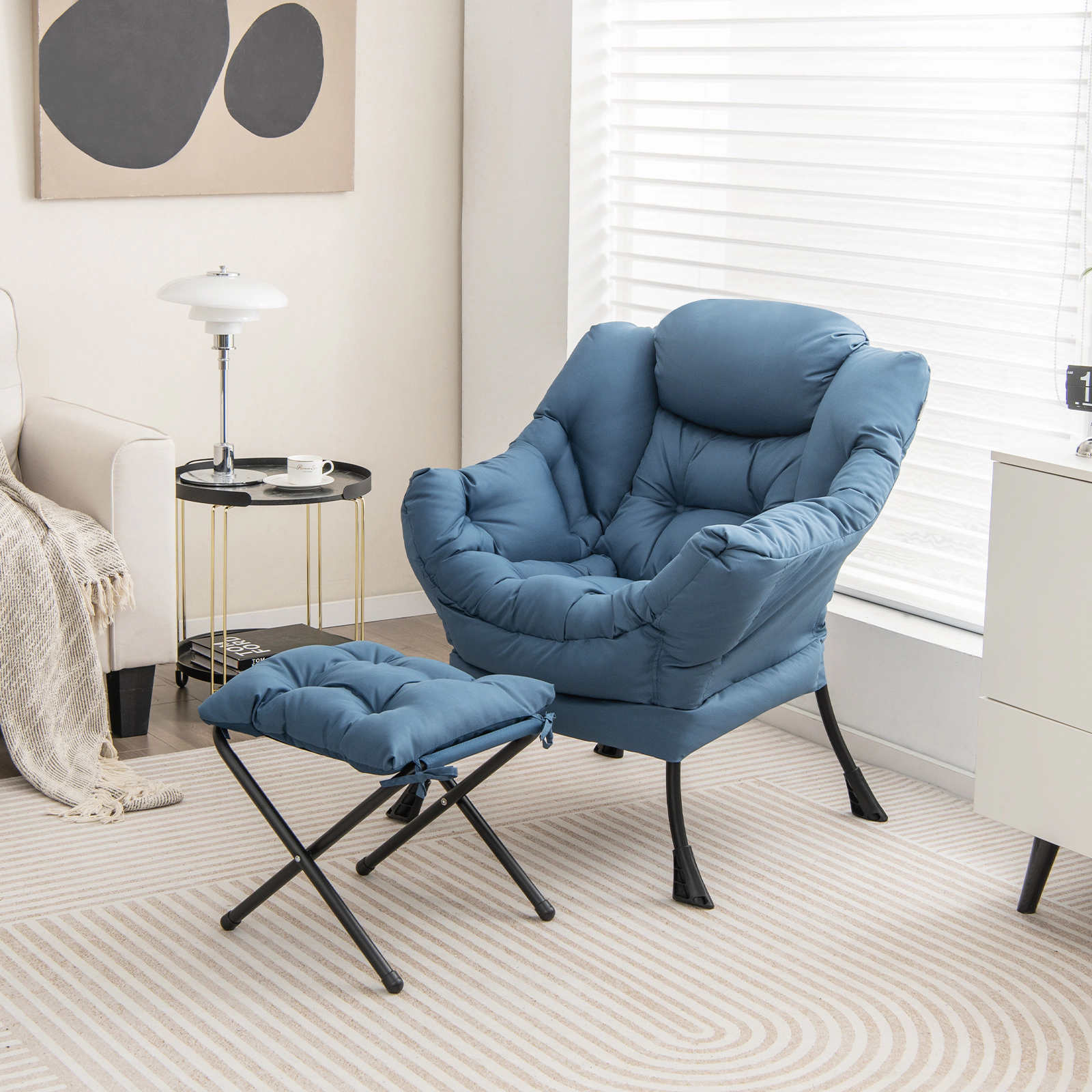 SUGIFT Modern Accent Sofa Chair with Folding Footrest & Side Pocket 330-lb Chair Capacity 110-lb Footrest Capacity Navy