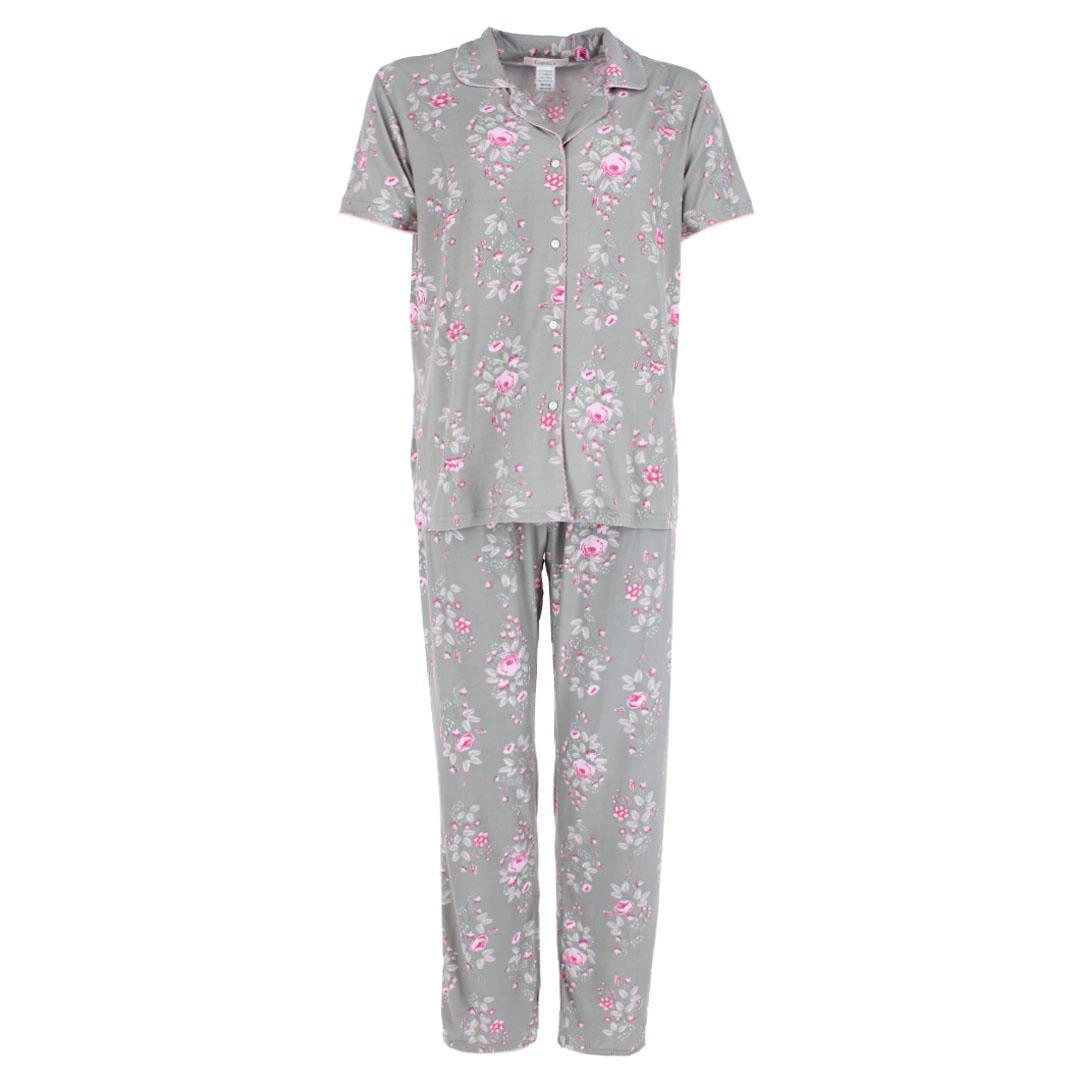 CTM Women's Floral Notched Collar Picot Pajama Set
