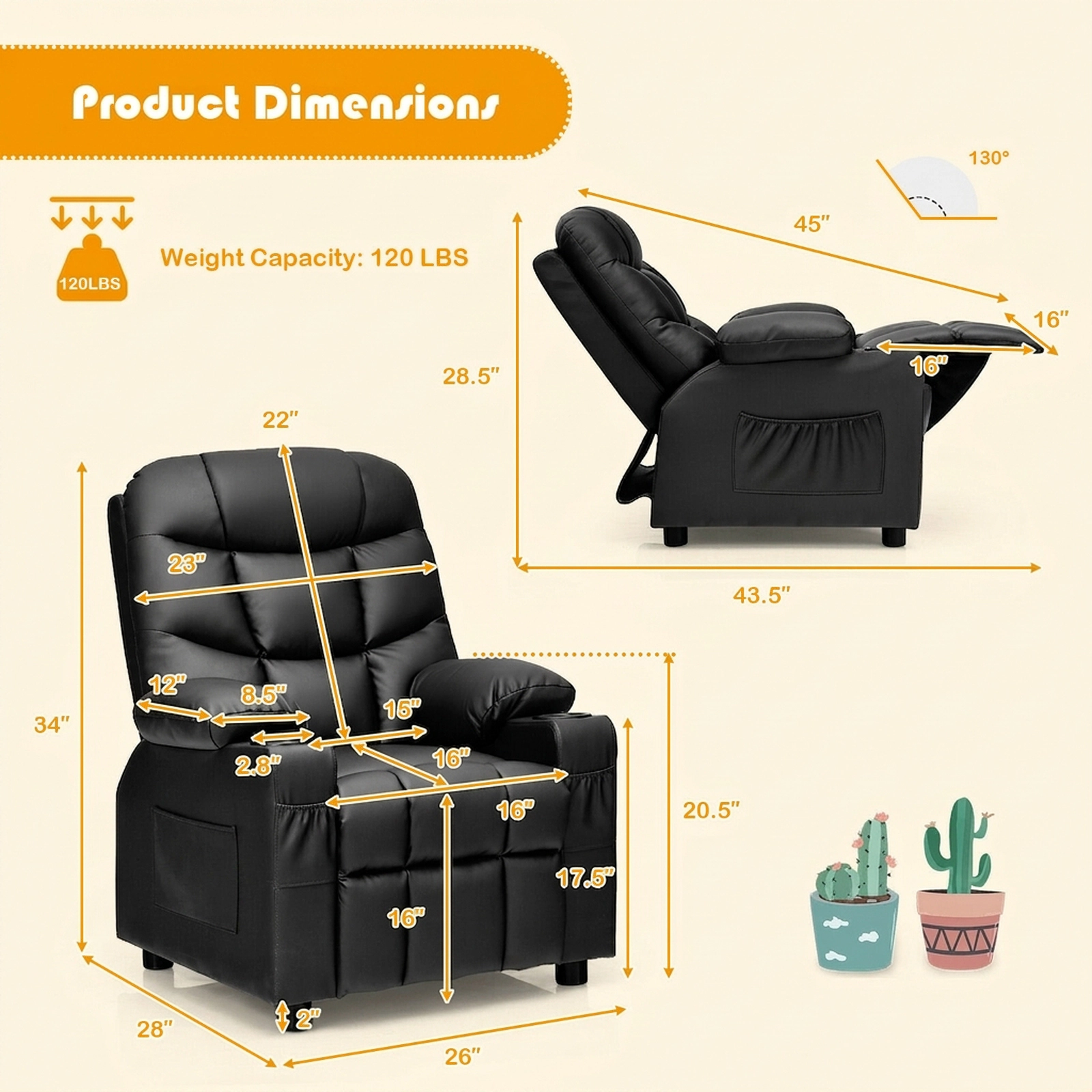 SUGIFT Adjustable Kids Recliner Chair with Cup Holders and Footrest 120-lb Capacity Ages 3+ 26-in Wide Black PU Leather
