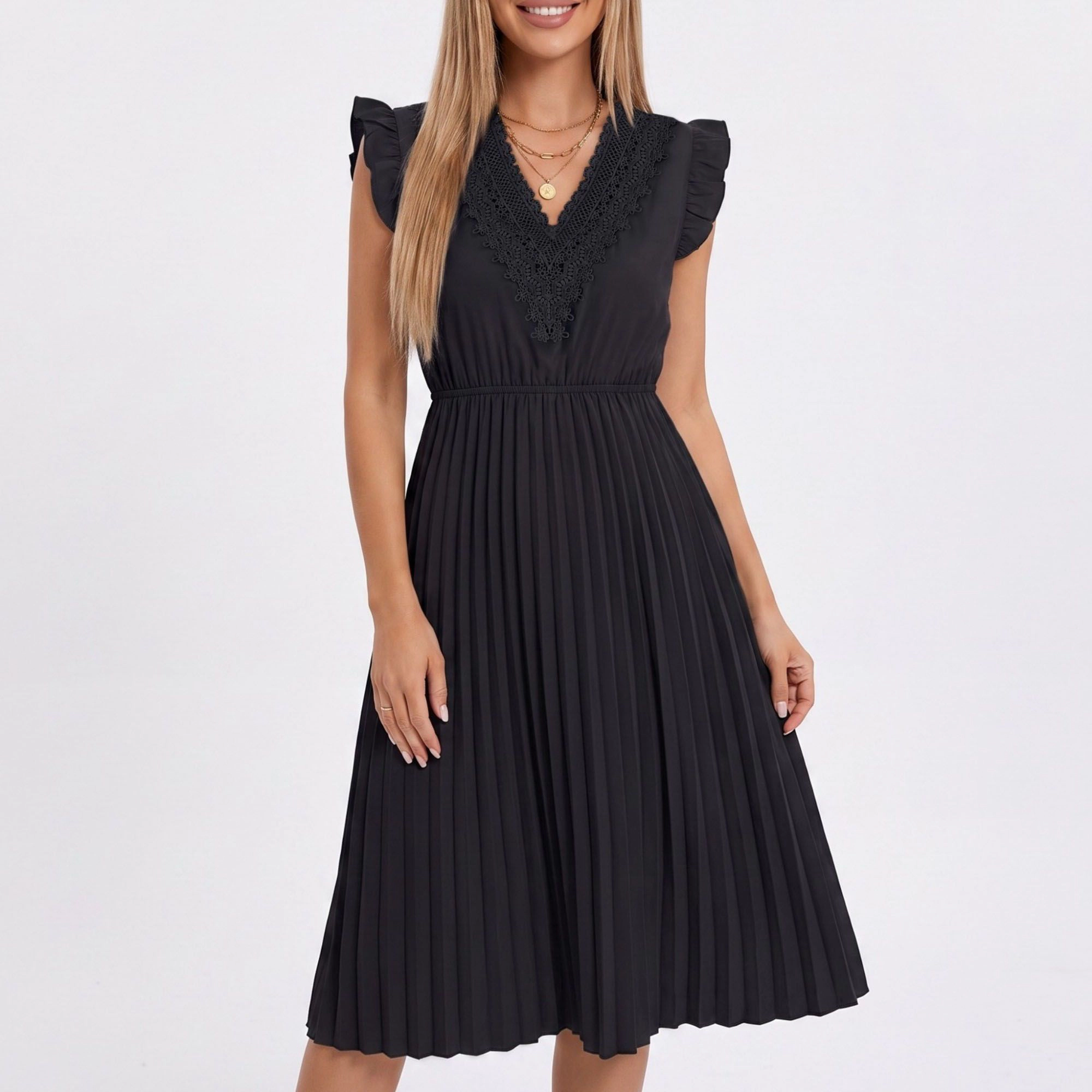 Anna-Kaci Women's Ruffled Lace Trim Pleated Midi Dress