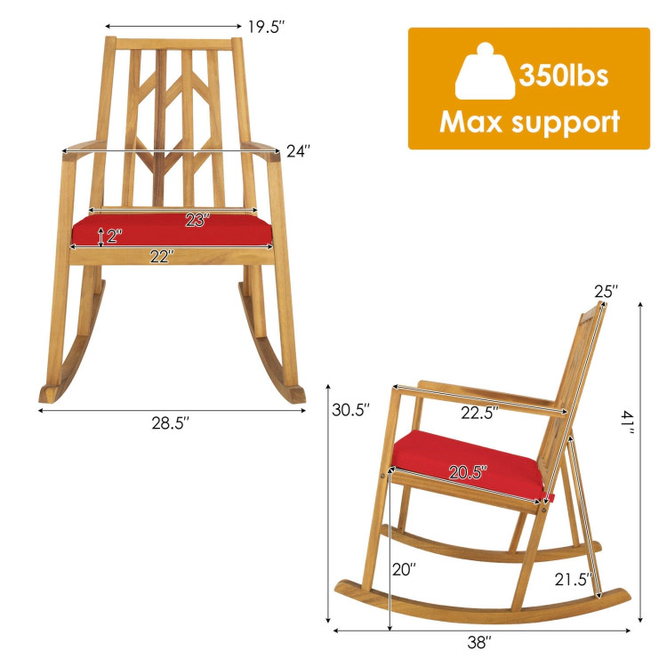 Hivvago Patio Acacia Wood Rocking Chair Sofa With Armrest And Cushion For Garden Deck