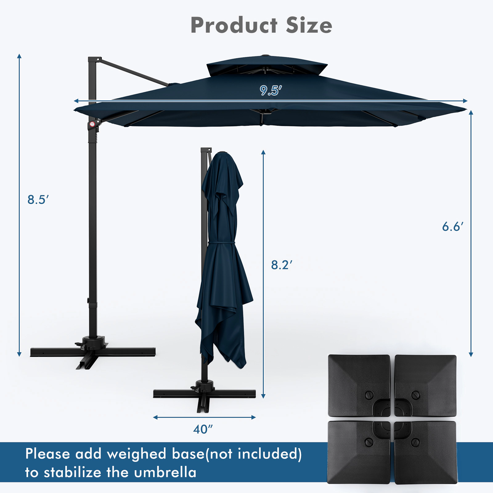 SUGIFT 9.5-ft Navy Offset Cantilever Patio Umbrella with Foot Pedal Rotation Vented Double Top and Cross Base
