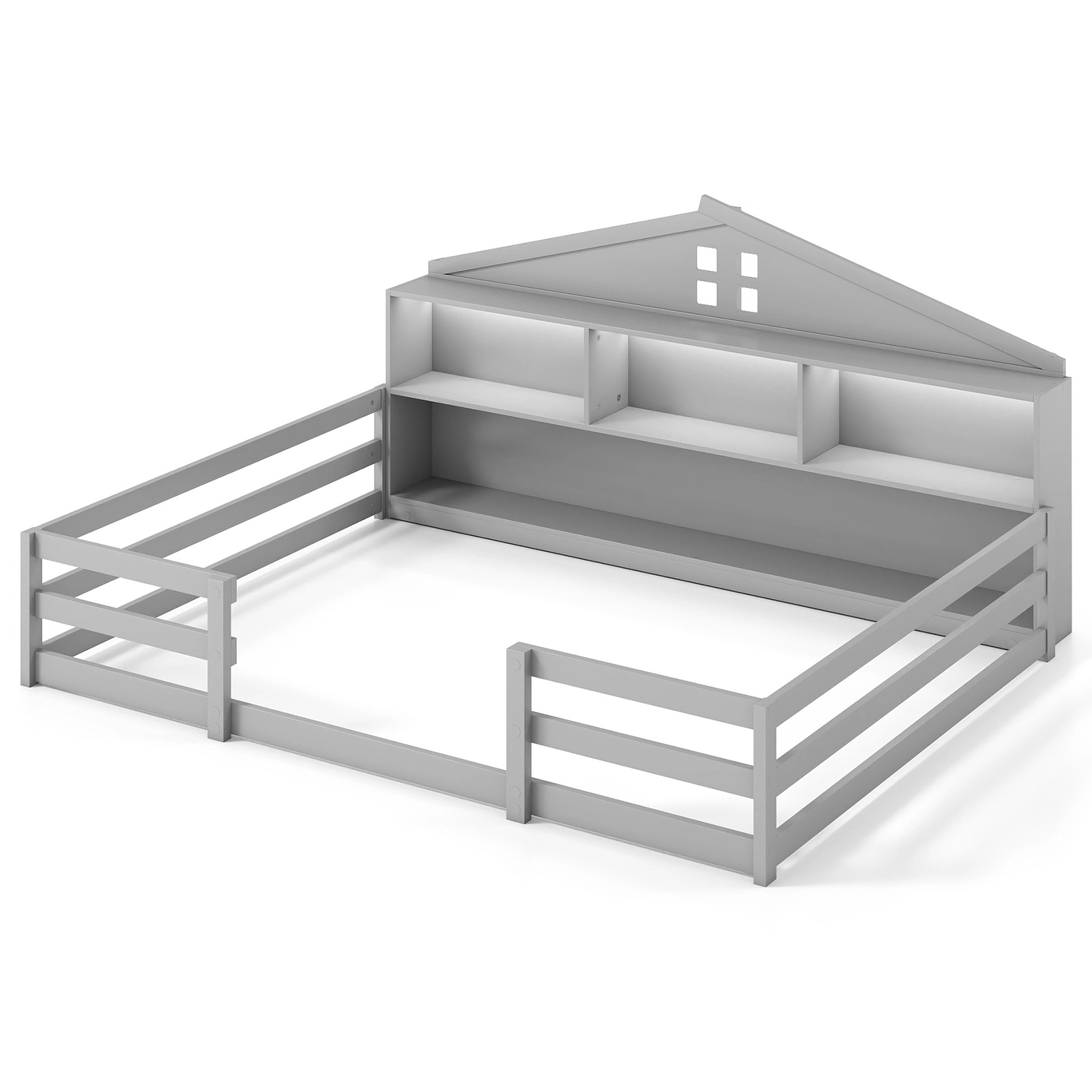 SUGIFT Gray Storage Headboard and Open Shelf Pine Wood Full Kids Montessori House Floor Bed