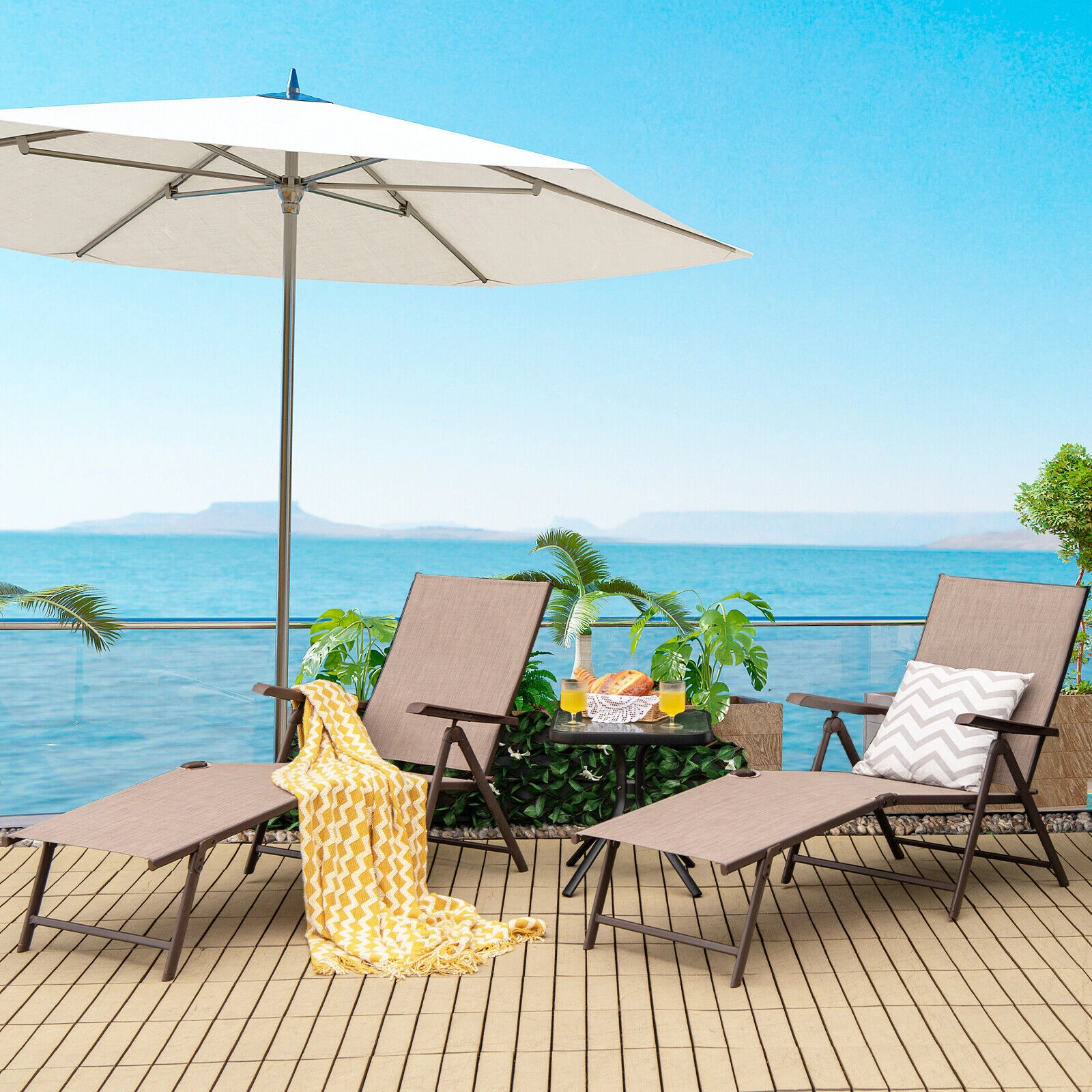 SUGIFT Set of 2 Folding Chaise Lounge Chairs, 5 Backrest Angles, 2-Position Footrests, Brown