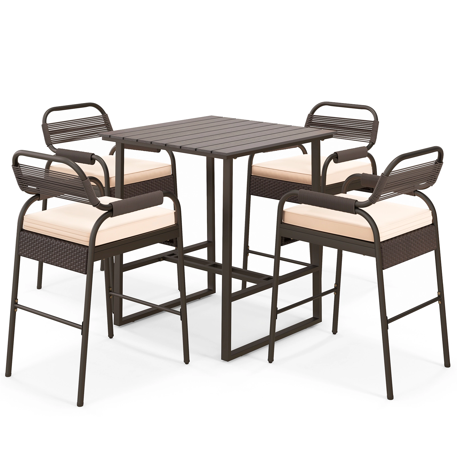 SUGIFT 5-Piece Outdoor Patio Bar Set, Polywood Table and 4 Cushioned Wicker Stools