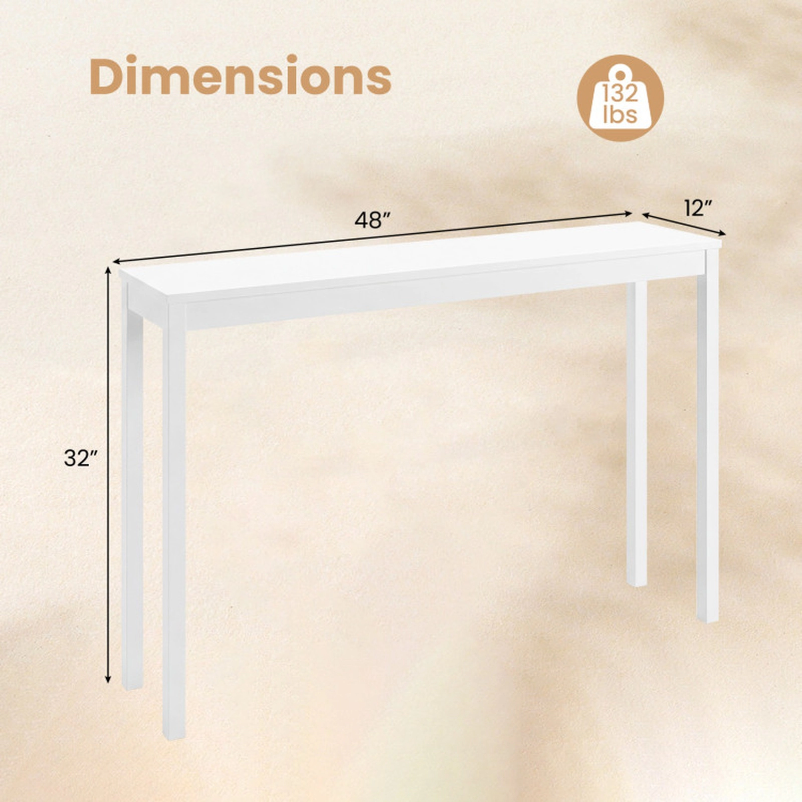 SUGIFT 48-in 132-lb Capacity 12-in Narrow White Farmhouse Rubber Wood Console Sofa Table with Thickened Top